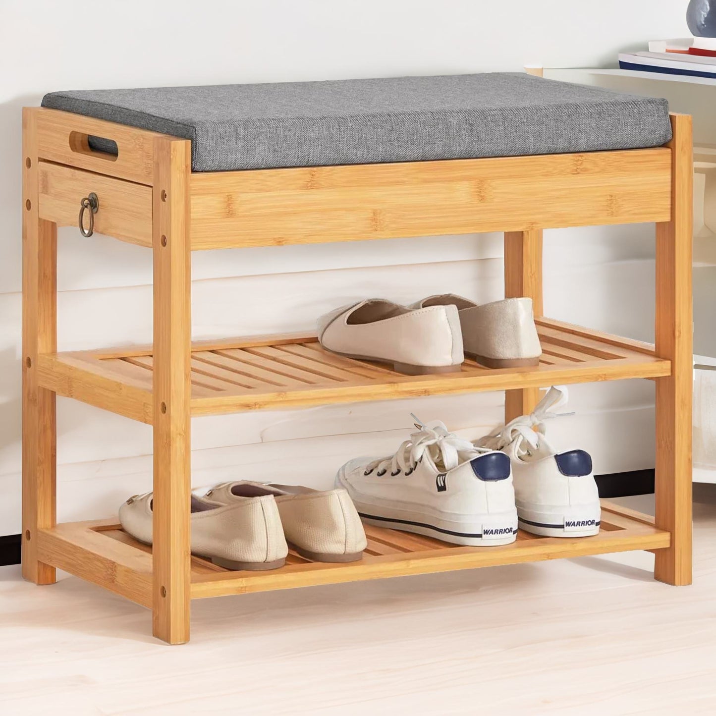 bamboo shoe storage bench with hidden drawer & cushioned seat