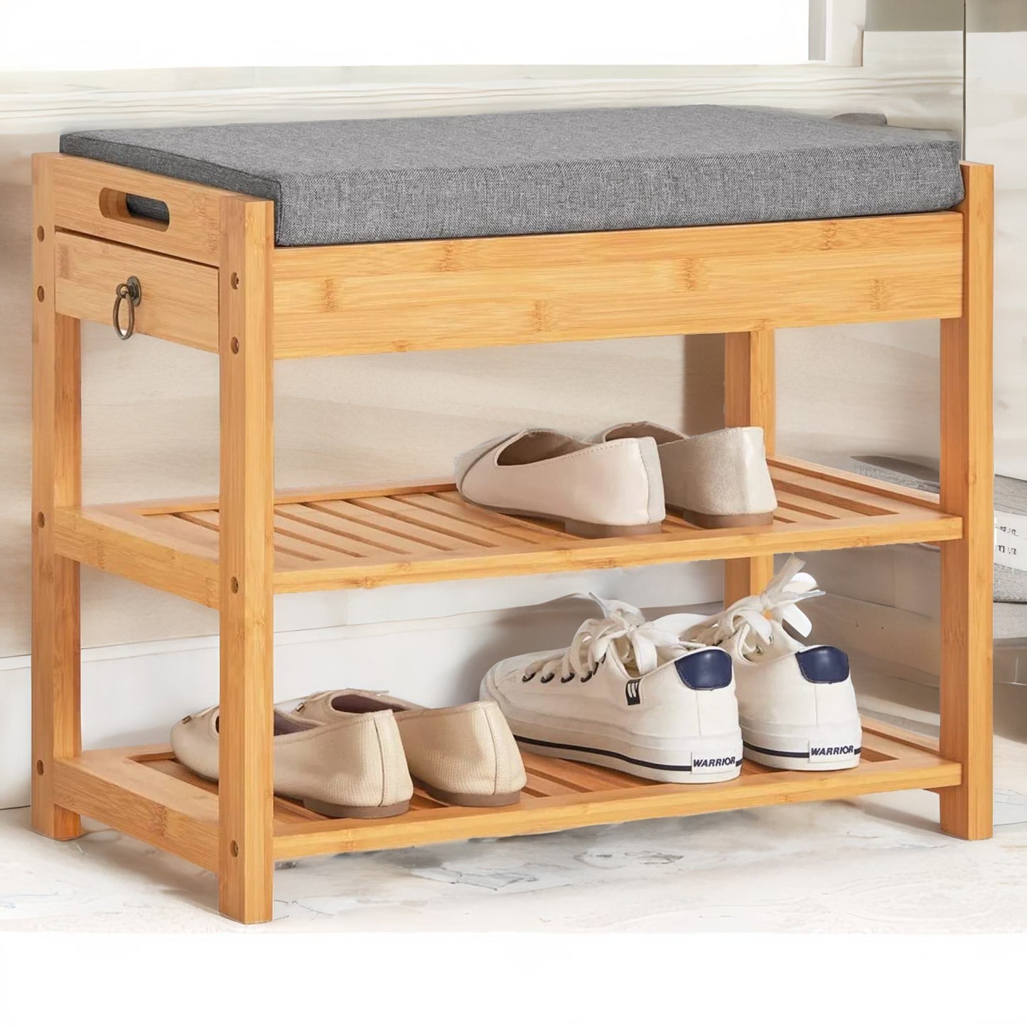 bamboo shoe storage bench with hidden drawer & cushioned seat