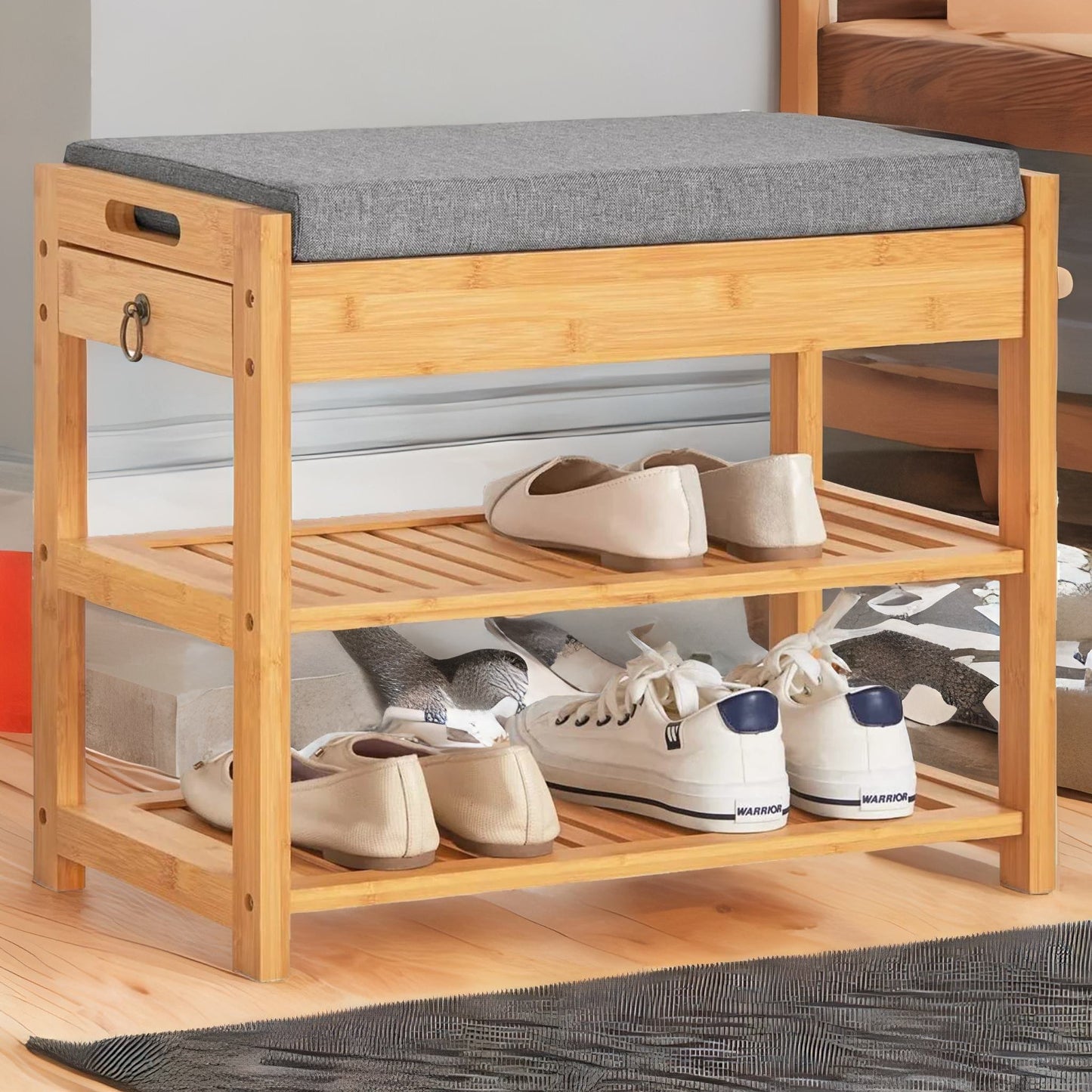 bamboo shoe storage bench with hidden drawer & cushioned seat