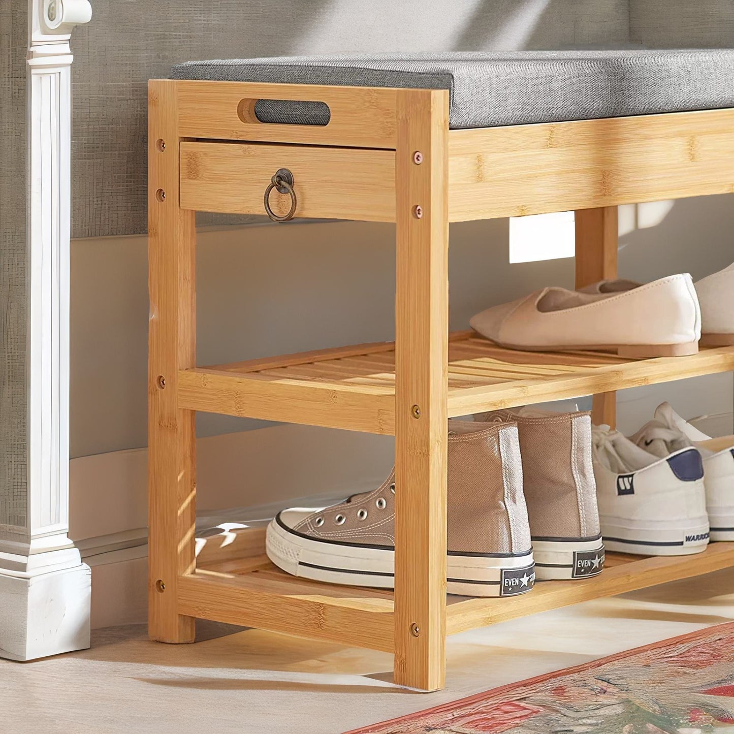 bamboo shoe storage bench with hidden drawer & cushioned seat