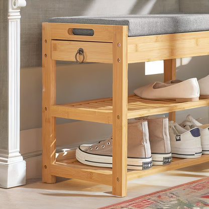 Bamboo Shoe Storage Bench With Hidden Drawer & Cushioned Seat