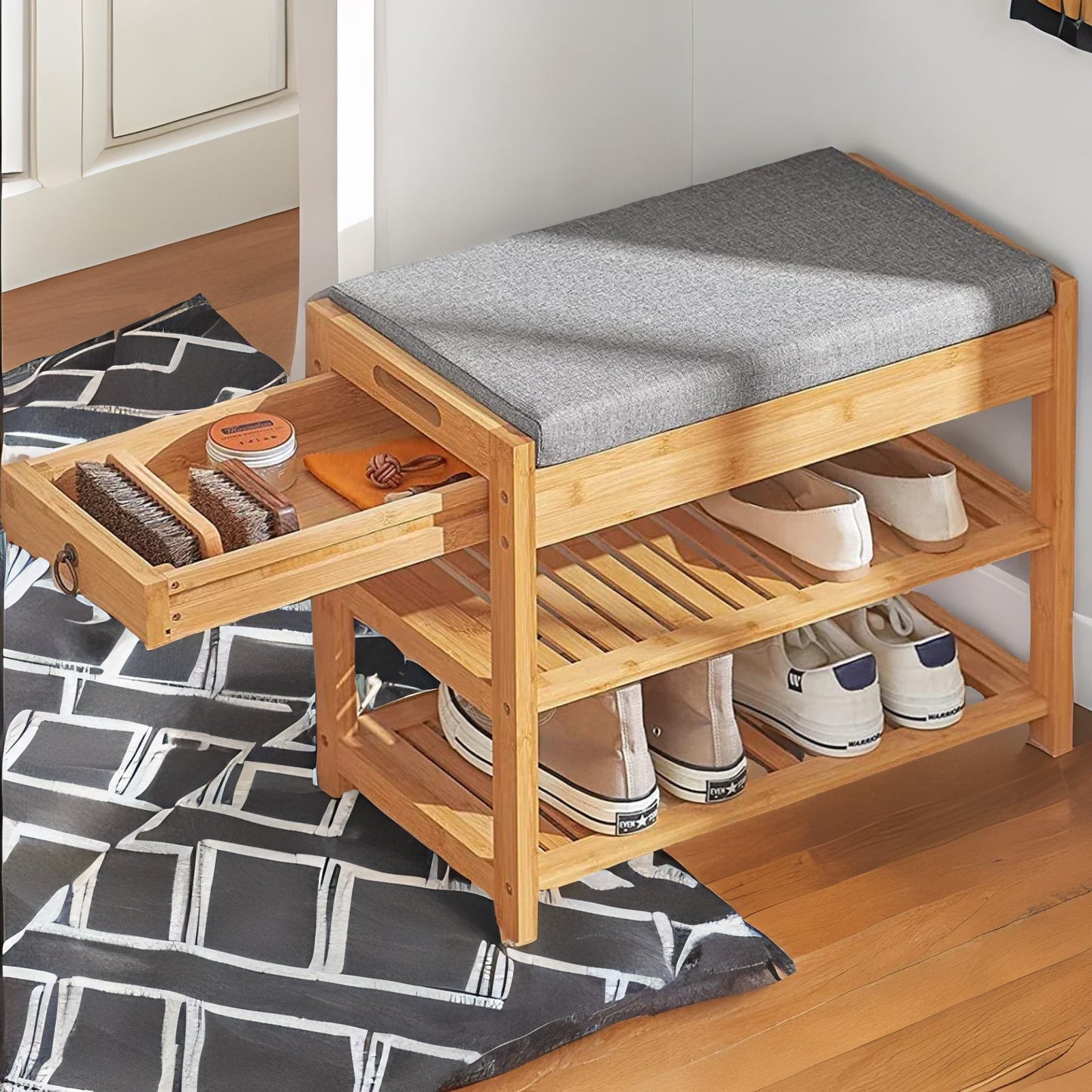 bamboo shoe storage bench with hidden drawer & cushioned seat