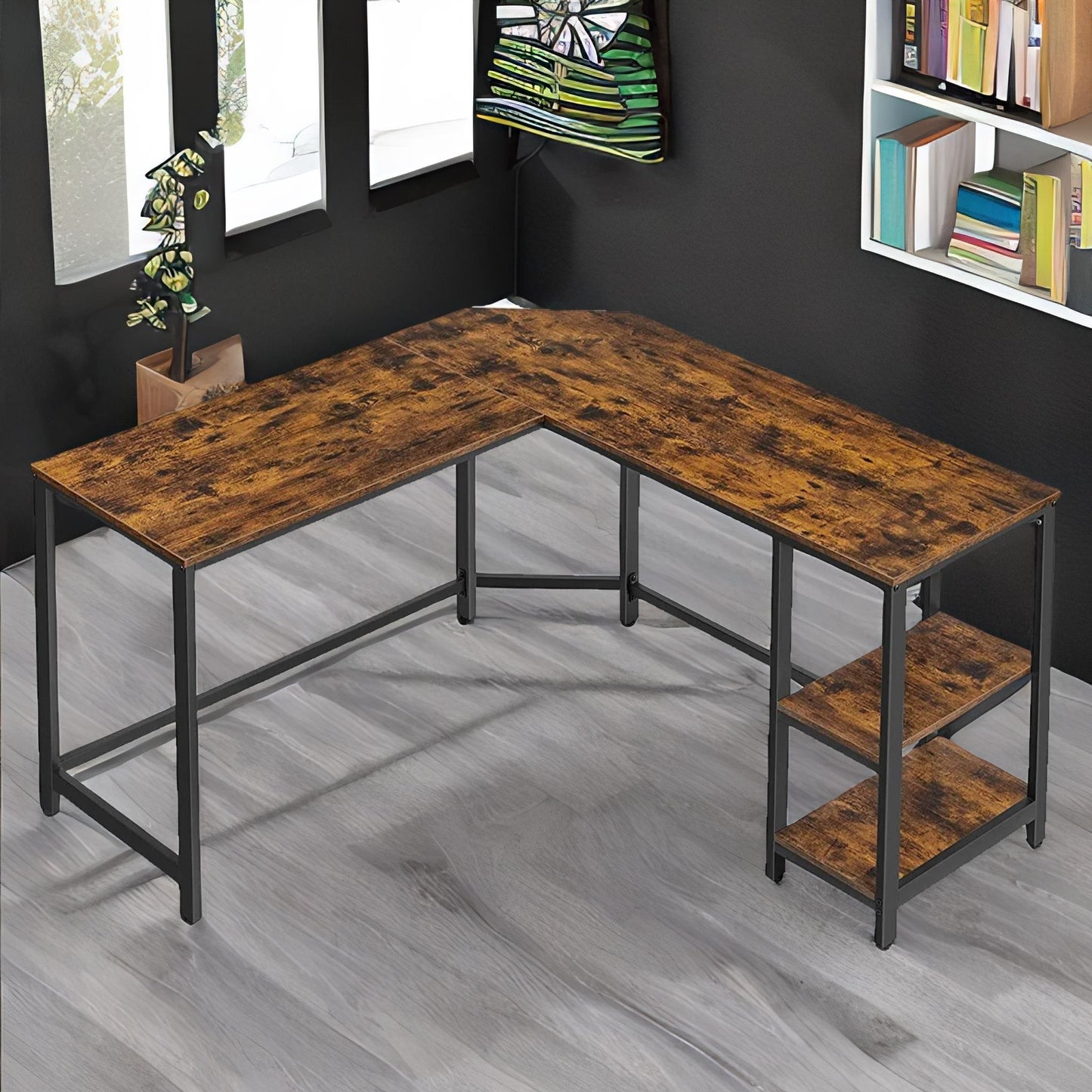 industrial rustic l-shaped writing desk with steel frame