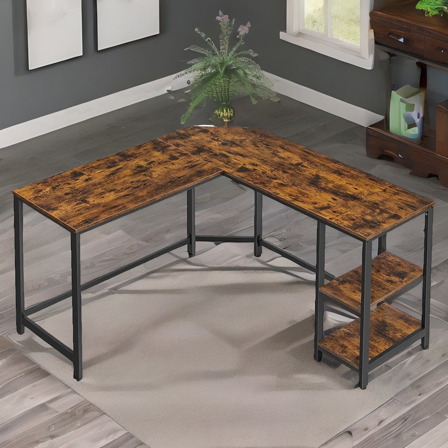 industrial rustic l-shaped writing desk with steel frame