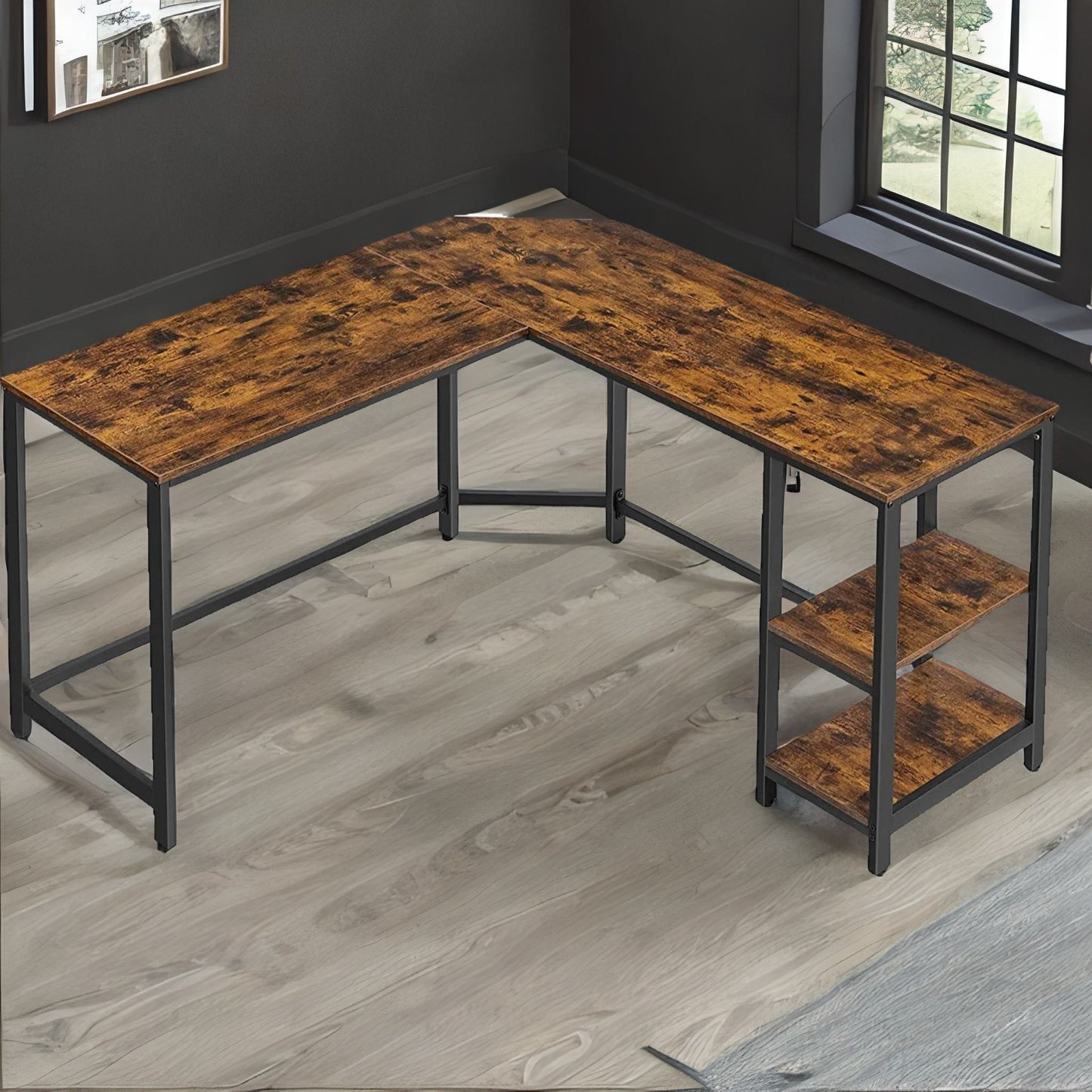 industrial rustic l-shaped writing desk with steel frame