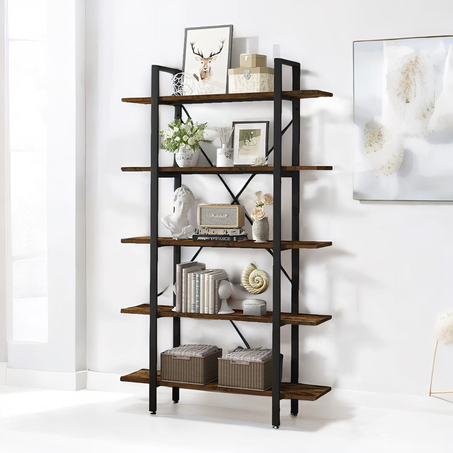 industrial 5 tier walnut brown bookcase