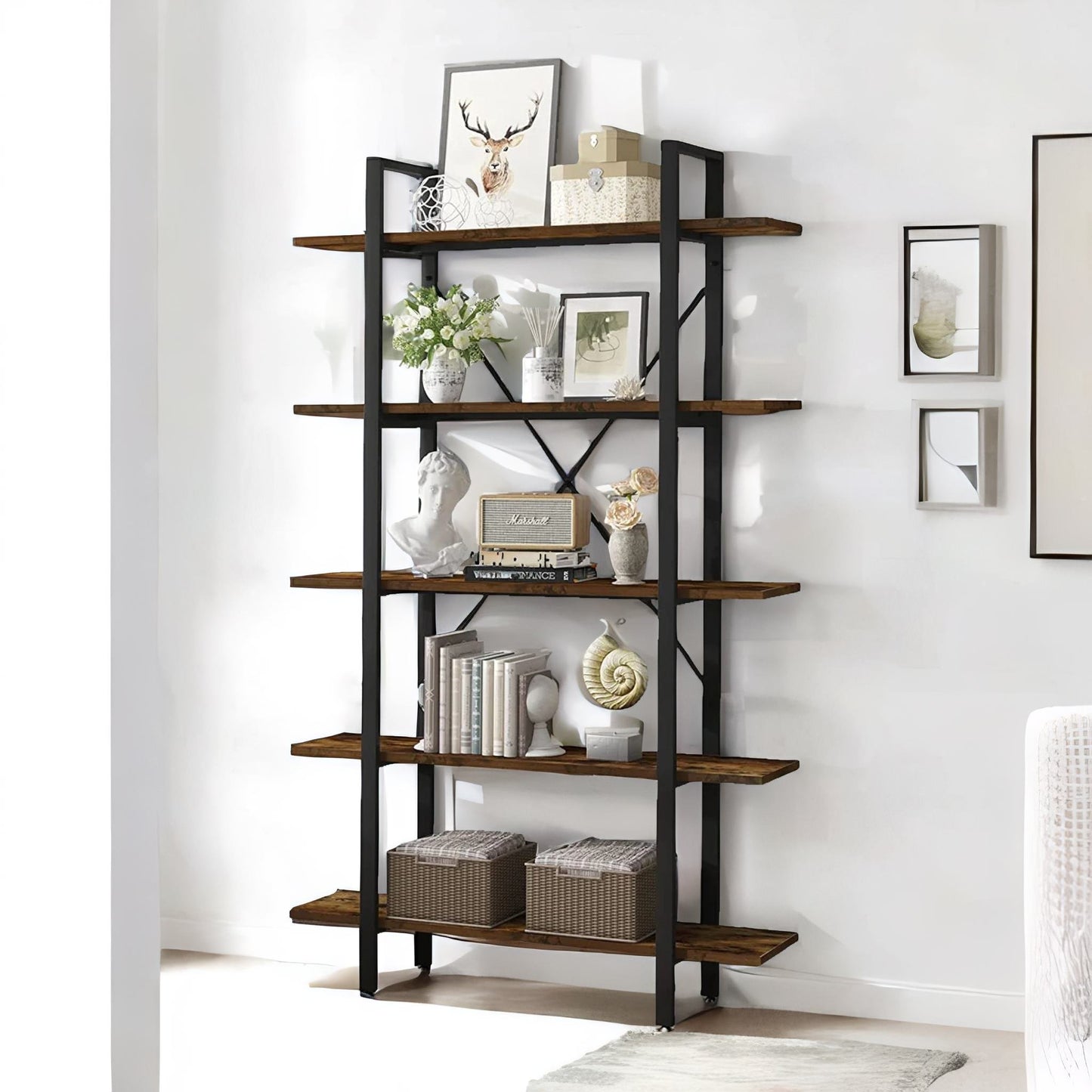 industrial 5 tier walnut brown bookcase