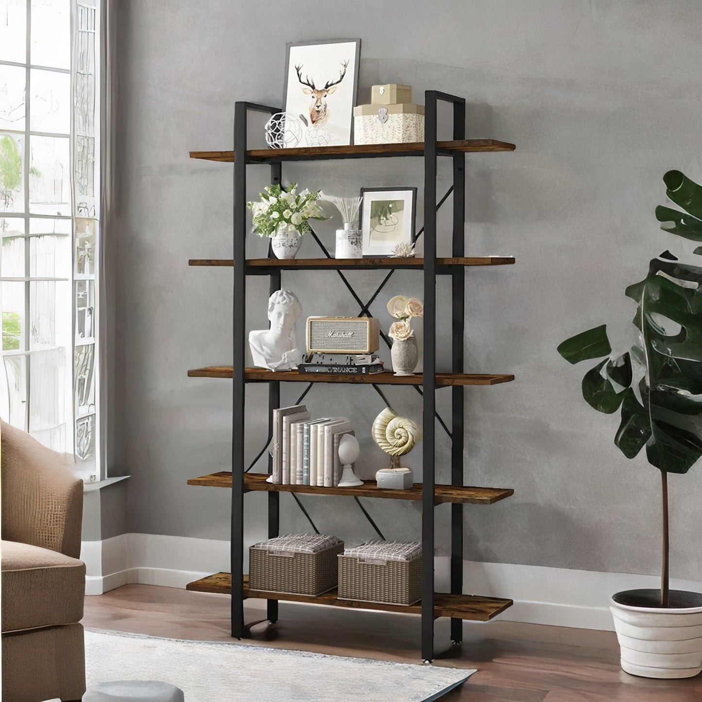 industrial 5 tier walnut brown bookcase