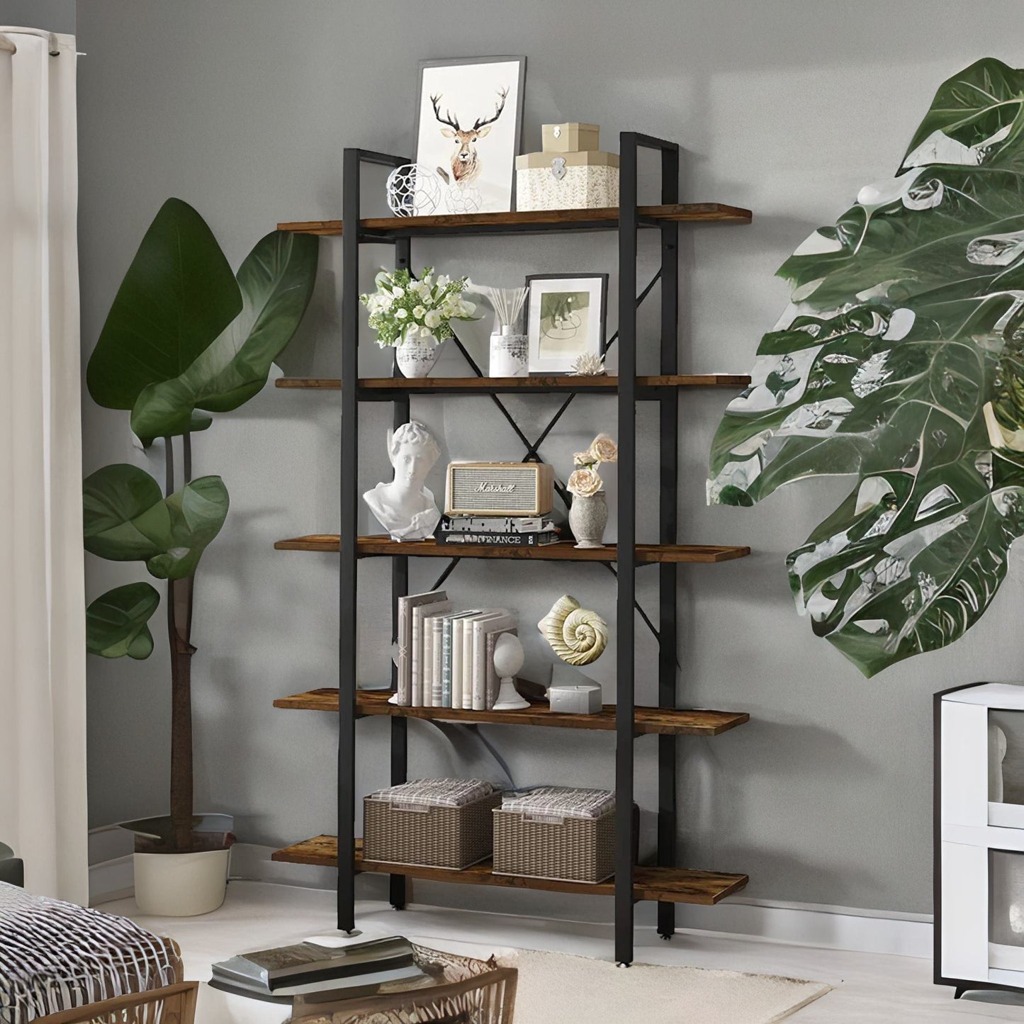 industrial 5 tier walnut brown bookcase