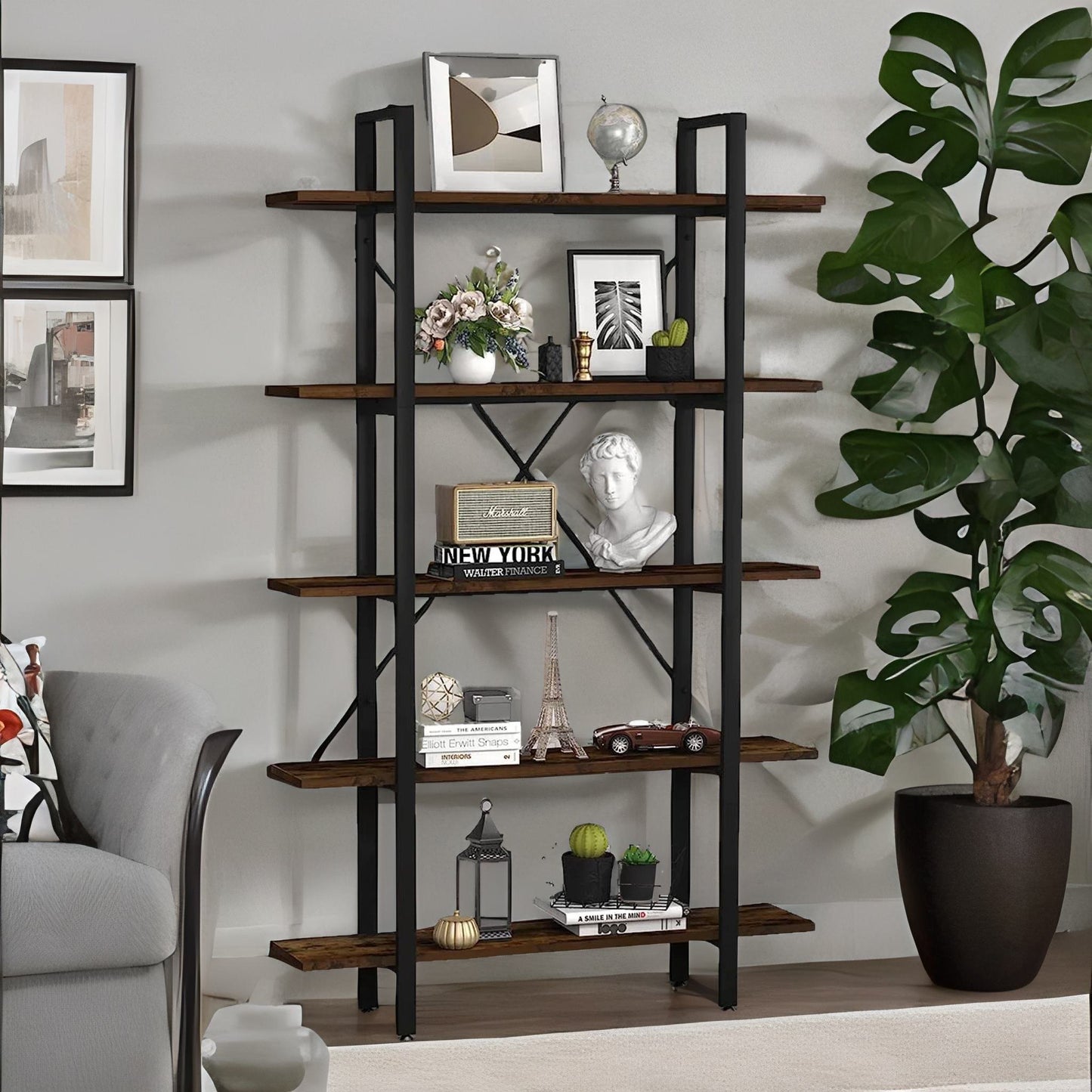 industrial 5 tier walnut brown bookcase