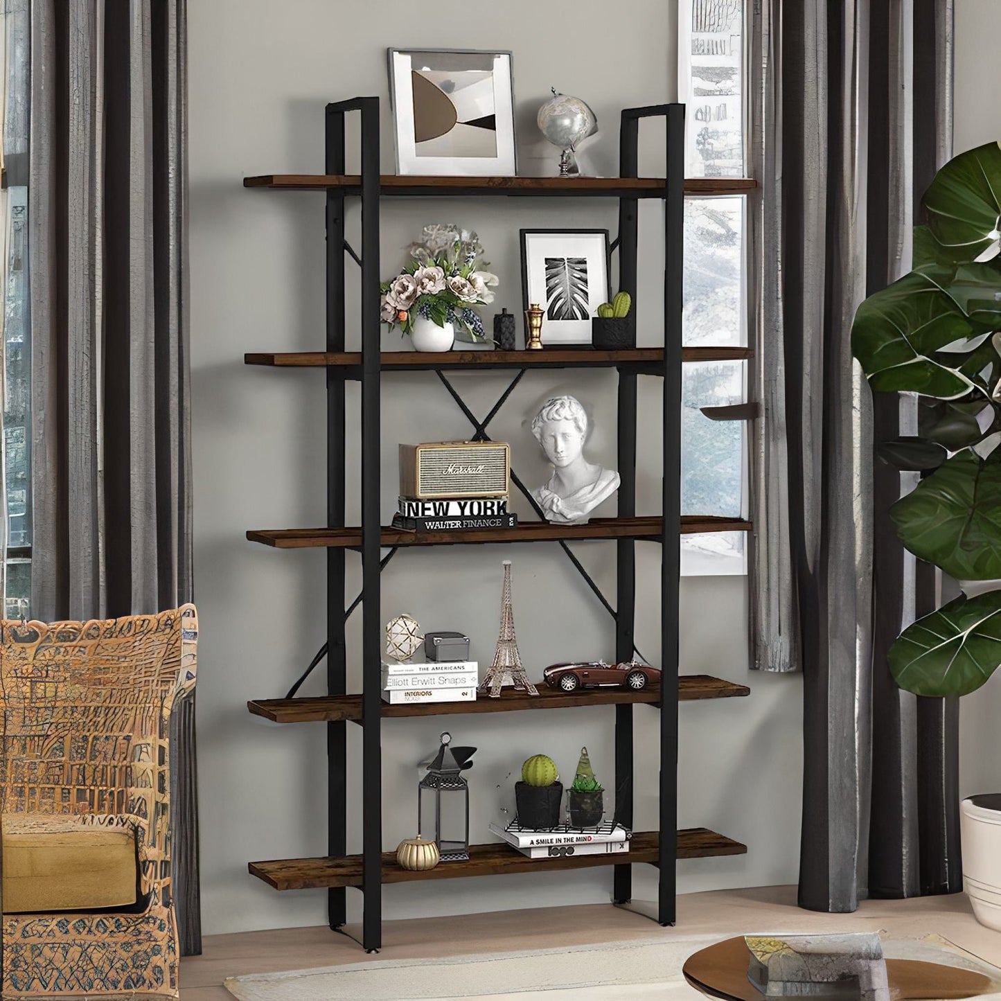 industrial 5 tier walnut brown bookcase