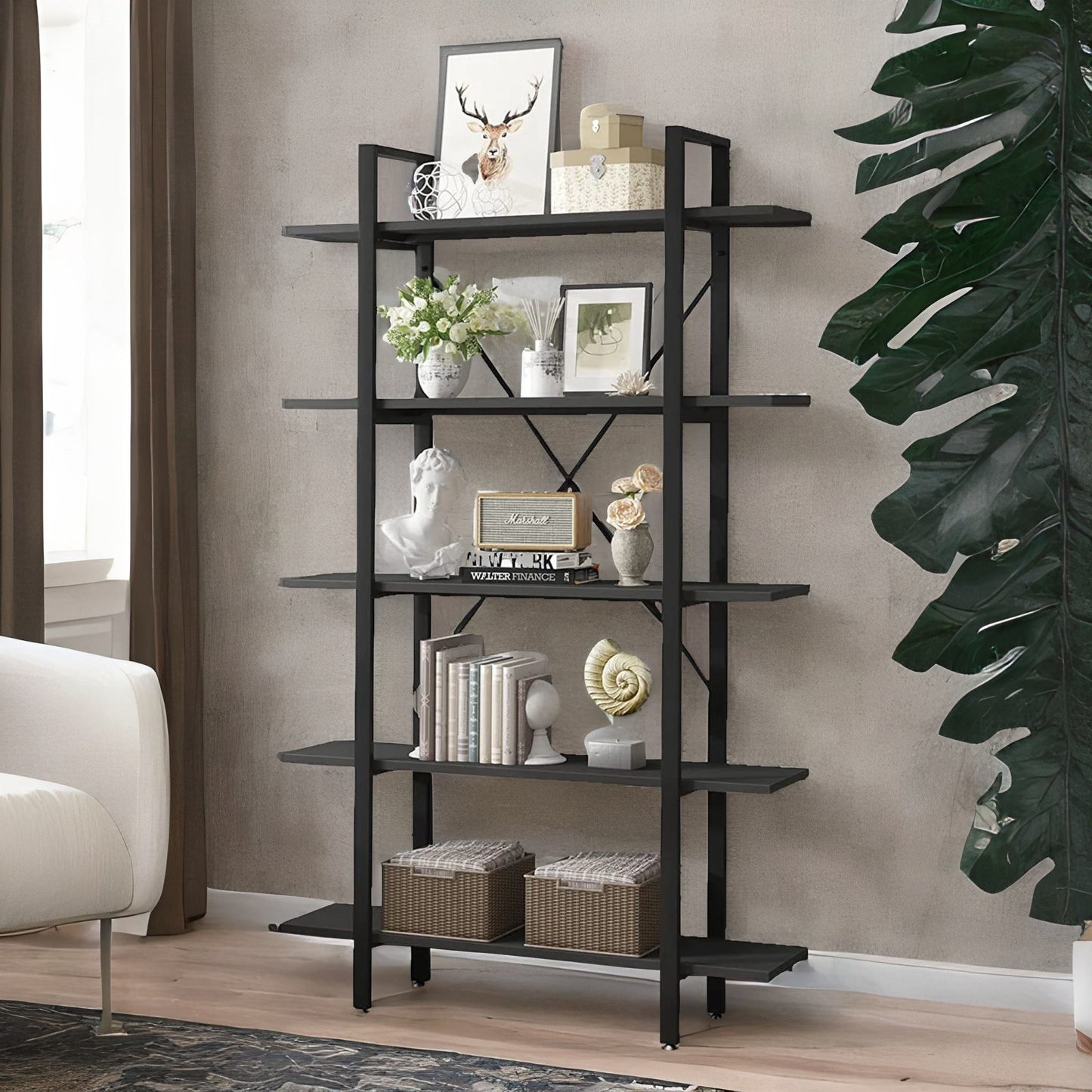 industrial 5 tier black bookcase