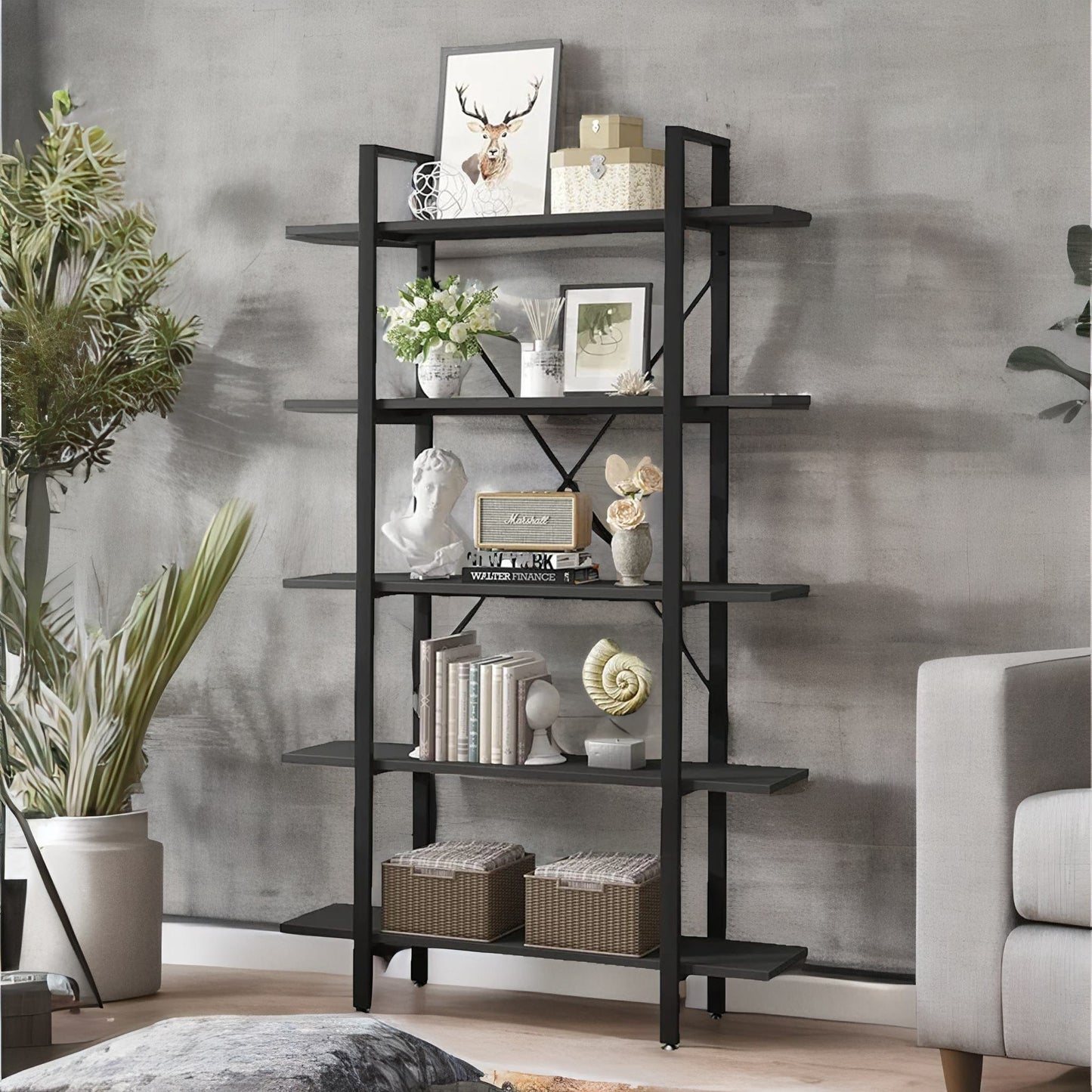 industrial 5 tier black bookcase