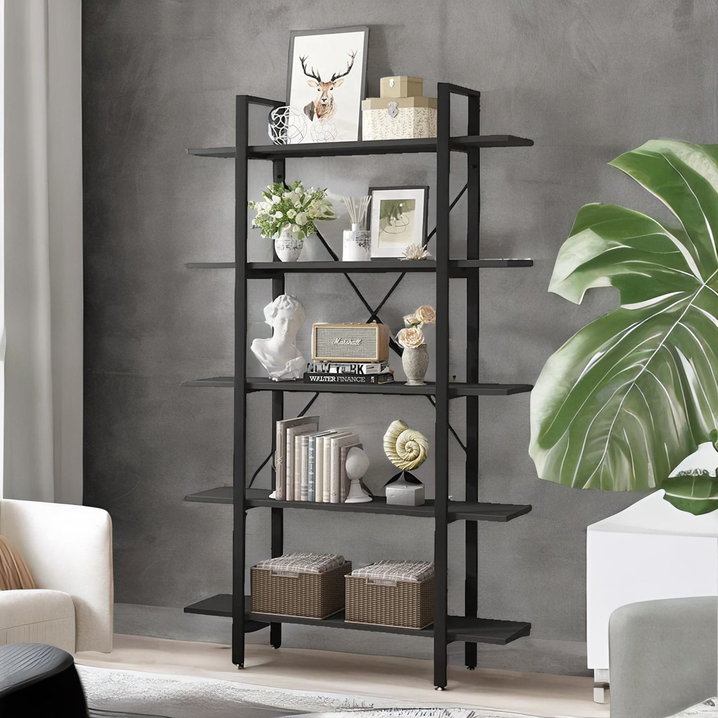 industrial 5 tier black bookcase