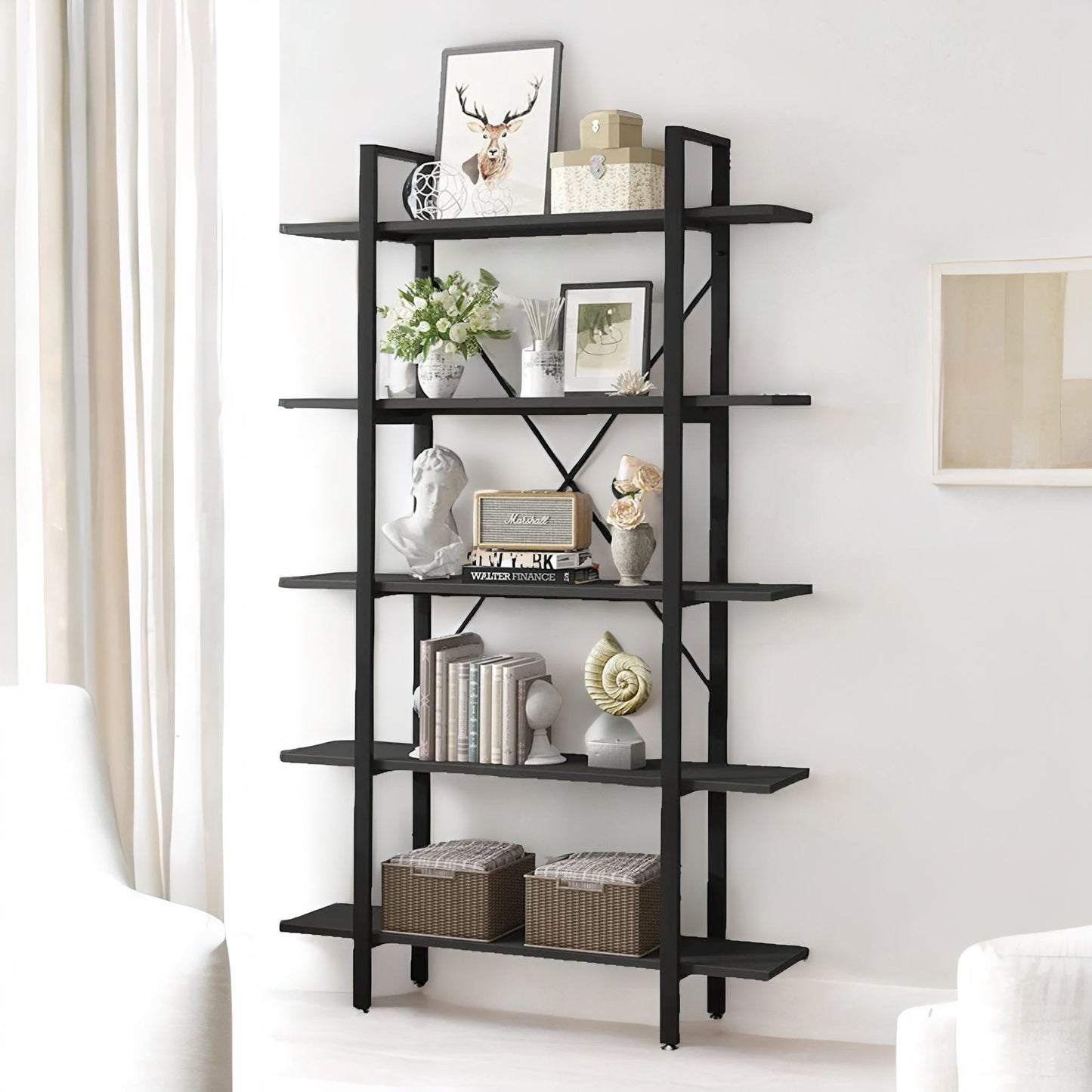 industrial 5 tier black bookcase