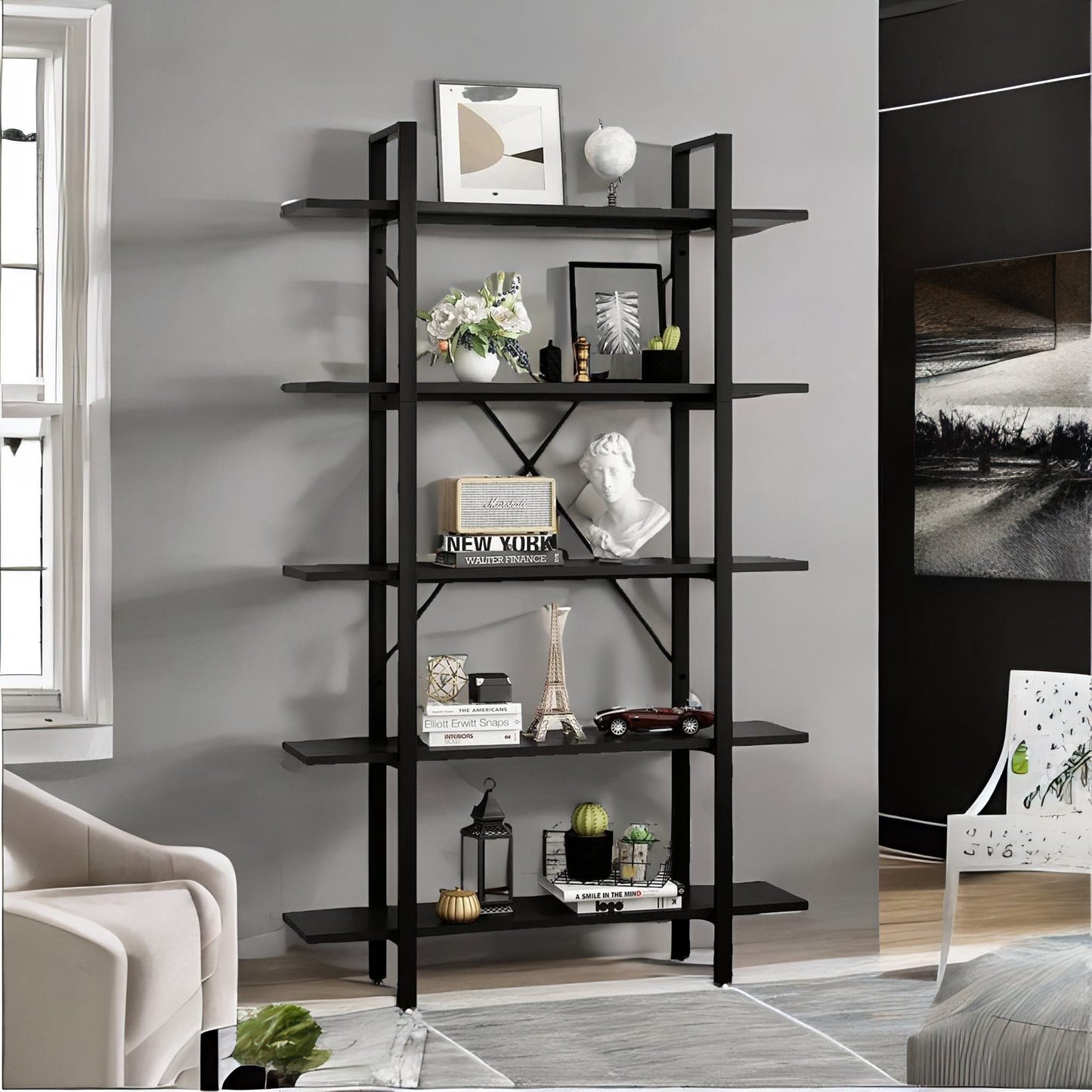 industrial 5 tier black bookcase