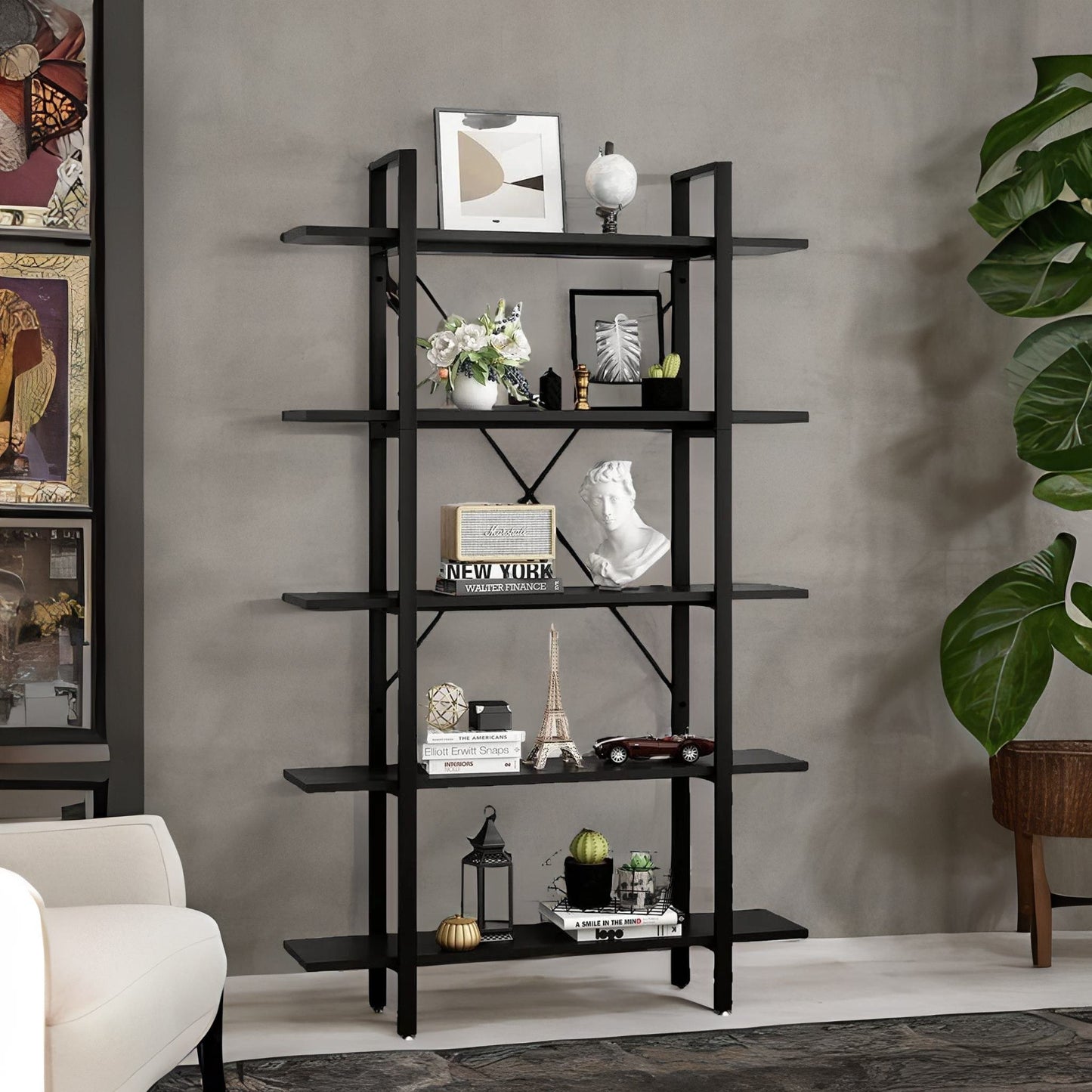 industrial 5 tier black bookcase