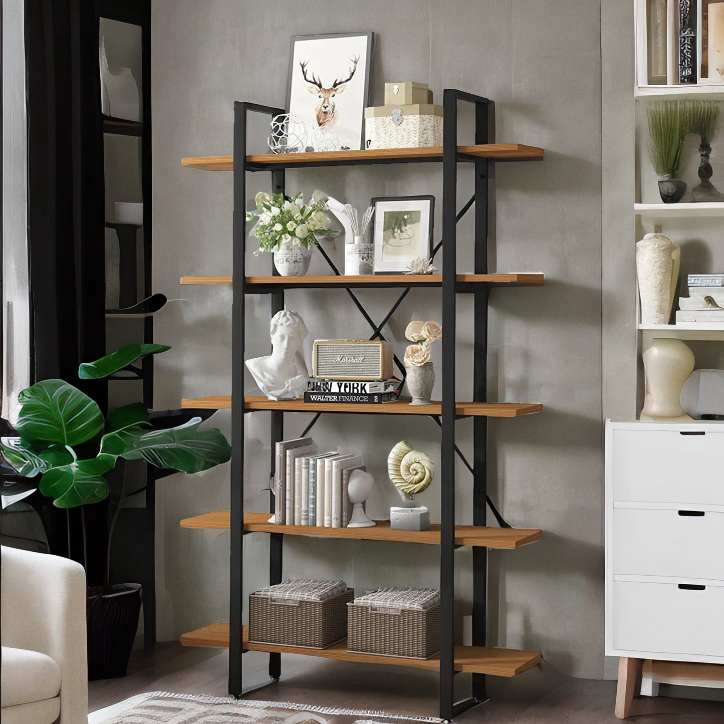 industrial 5 tier rustic brown bookcase