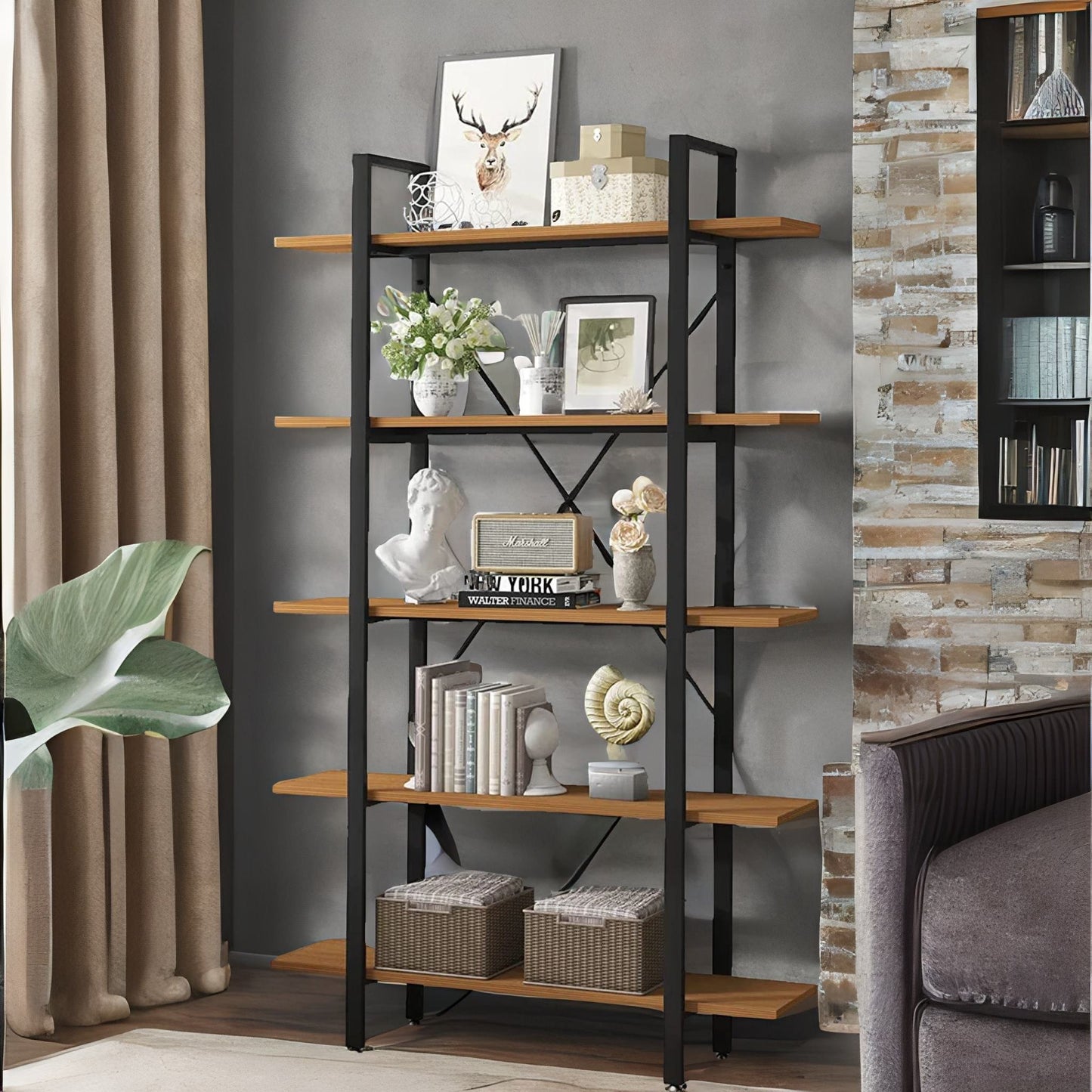 industrial 5 tier rustic brown bookcase