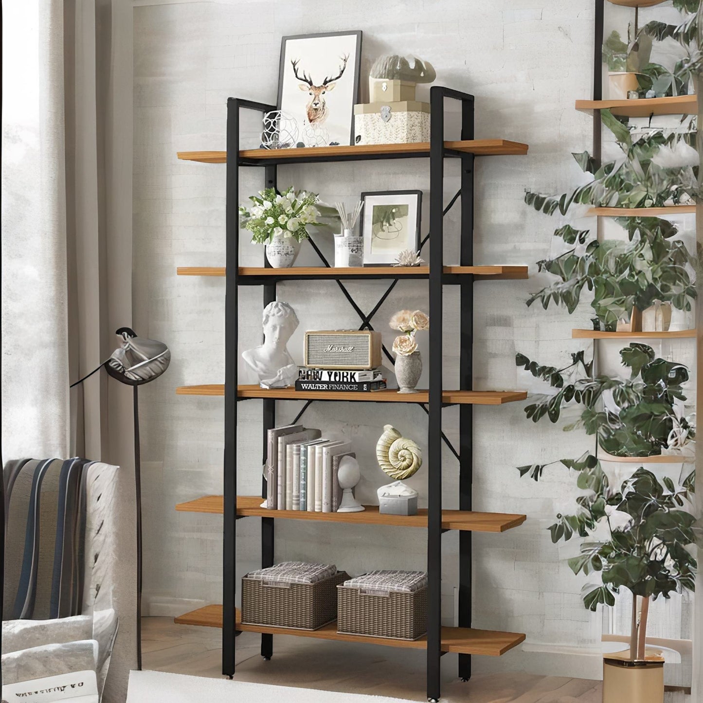 industrial 5 tier rustic brown bookcase