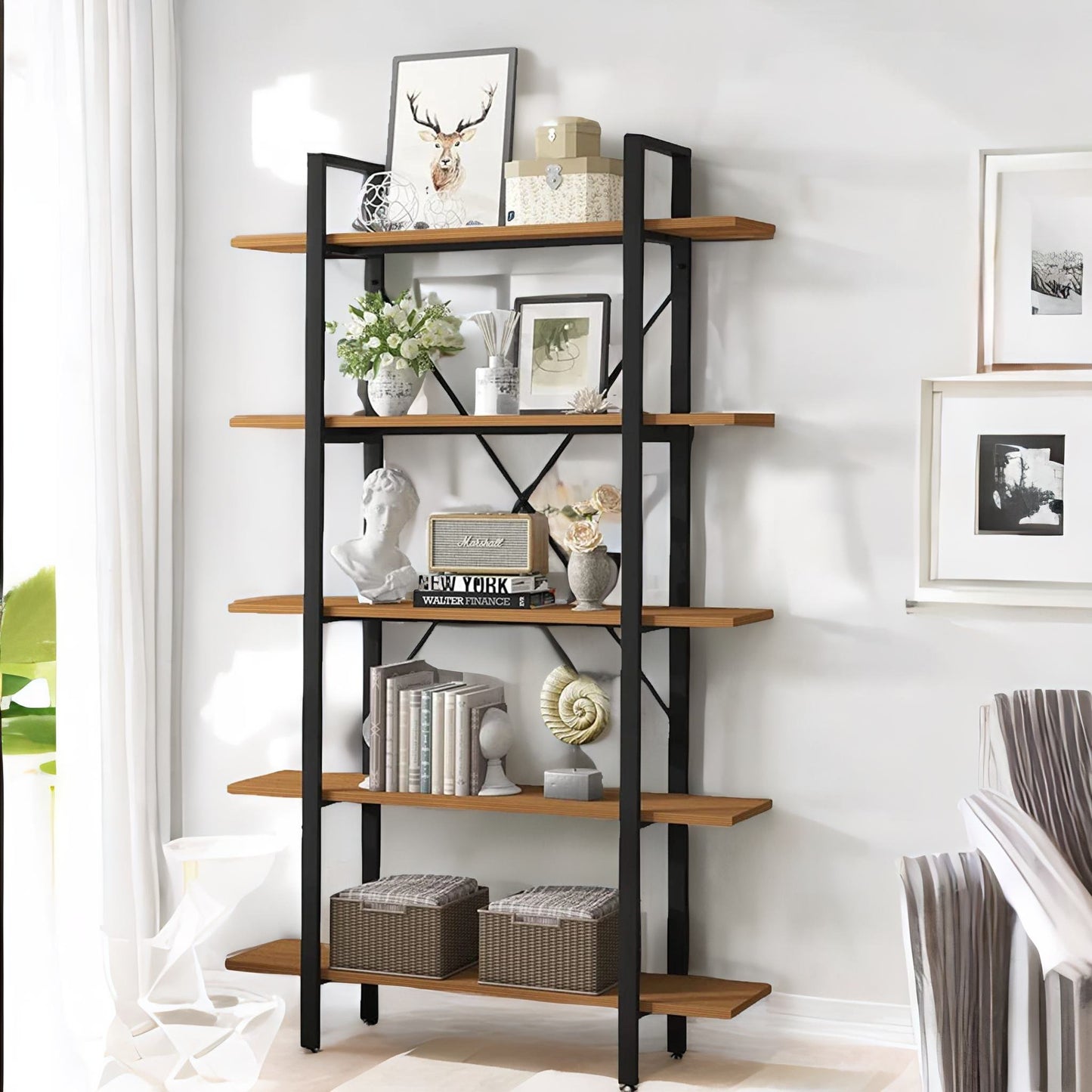 industrial 5 tier rustic brown bookcase