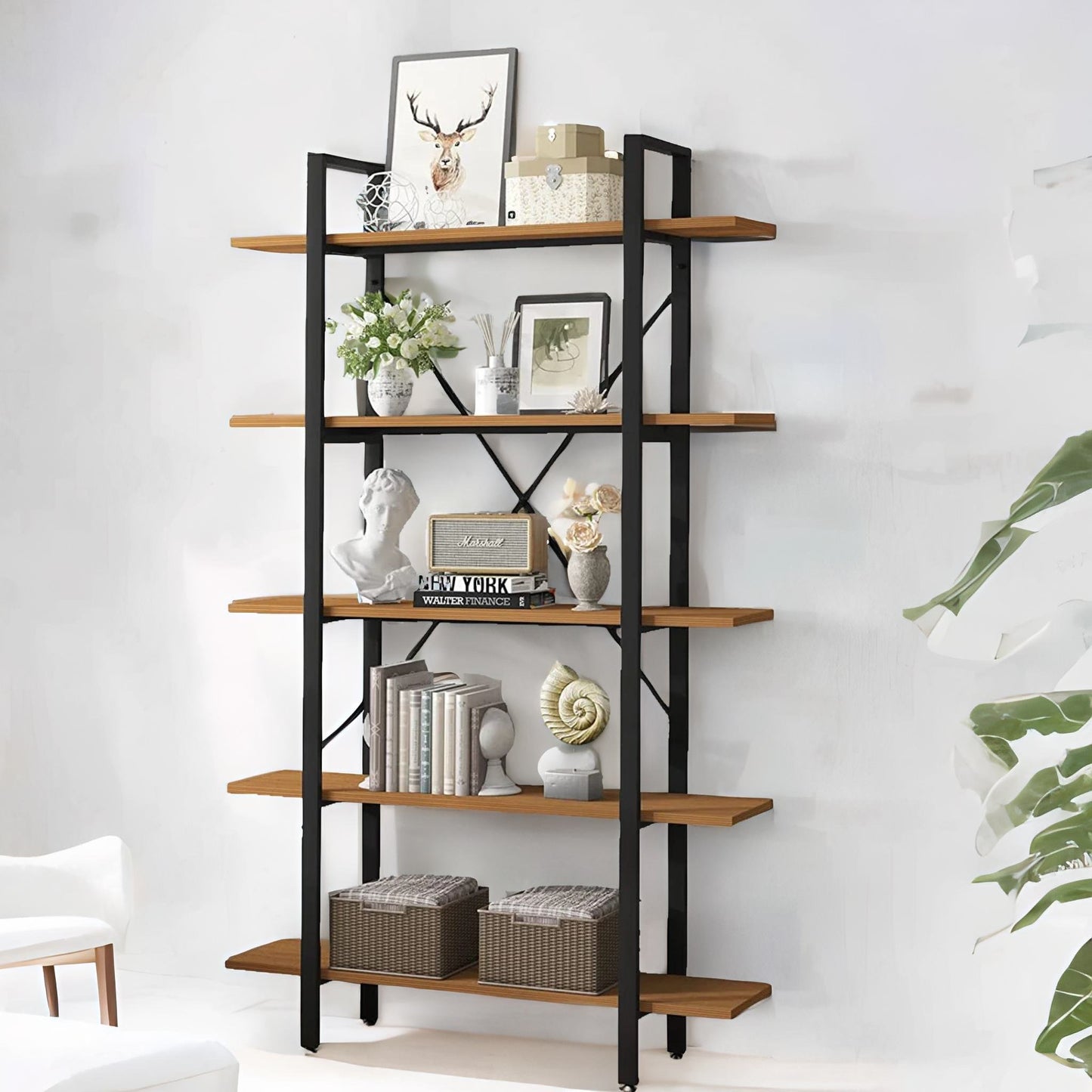 industrial 5 tier rustic brown bookcase