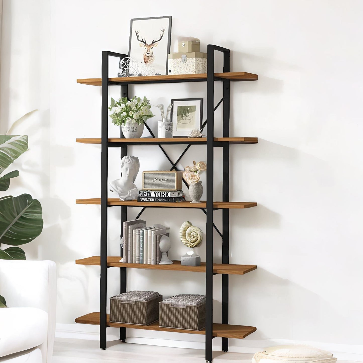 industrial 5 tier rustic brown bookcase