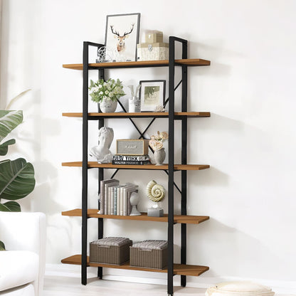 Industrial 5 Tier Rustic Brown Bookcase