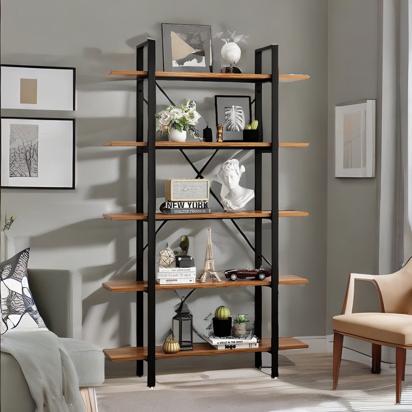 industrial 5 tier rustic brown bookcase