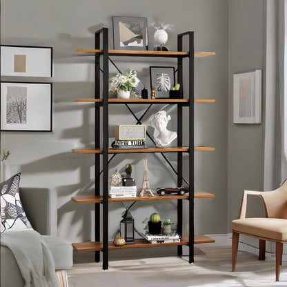 Industrial 5 Tier Rustic Brown Bookcase