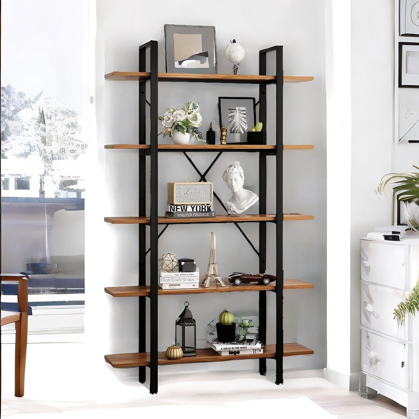 industrial 5 tier rustic brown bookcase