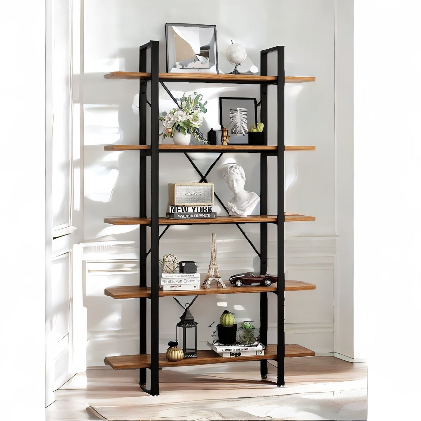 industrial 5 tier rustic brown bookcase