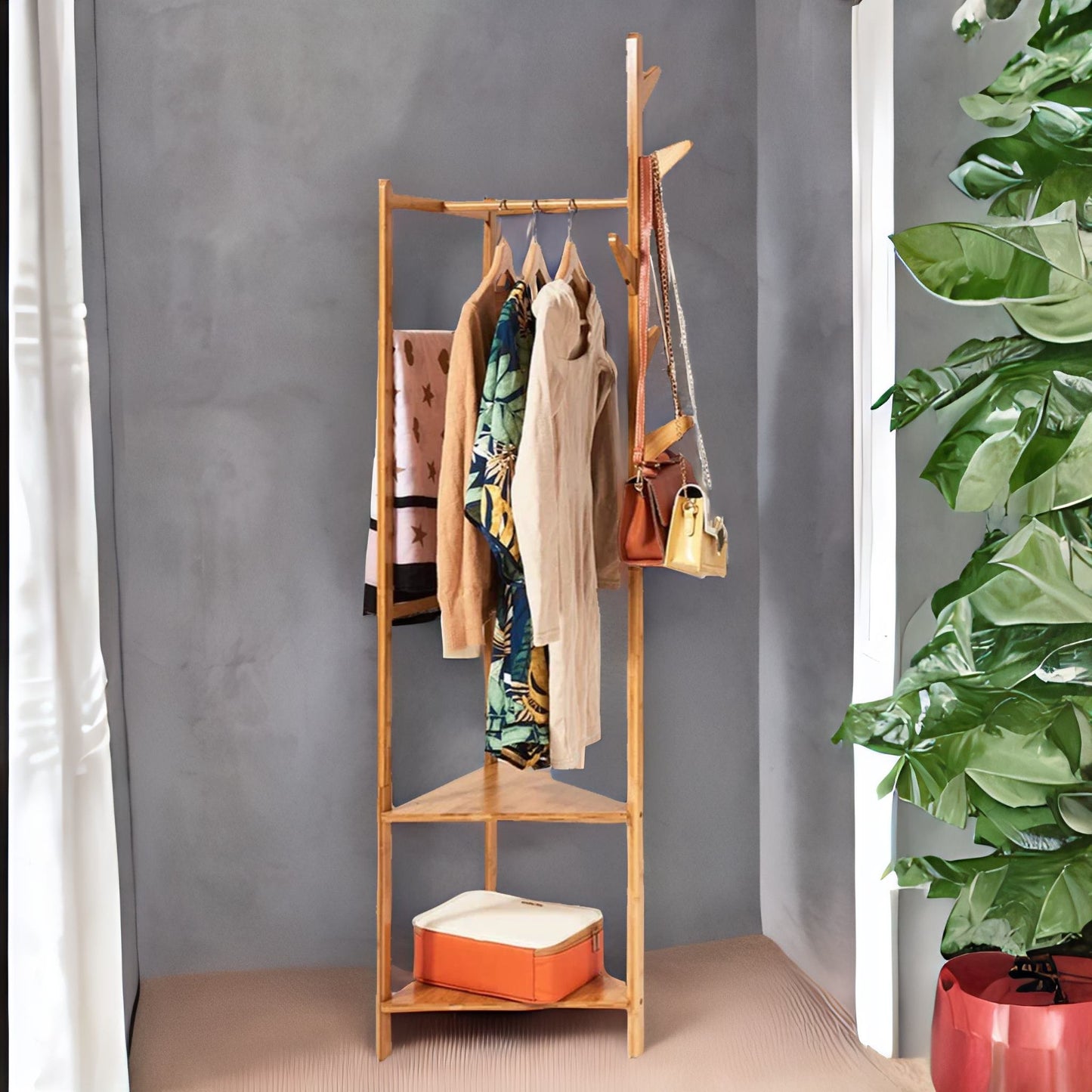 bamboo coat rack stand with 2 shelves