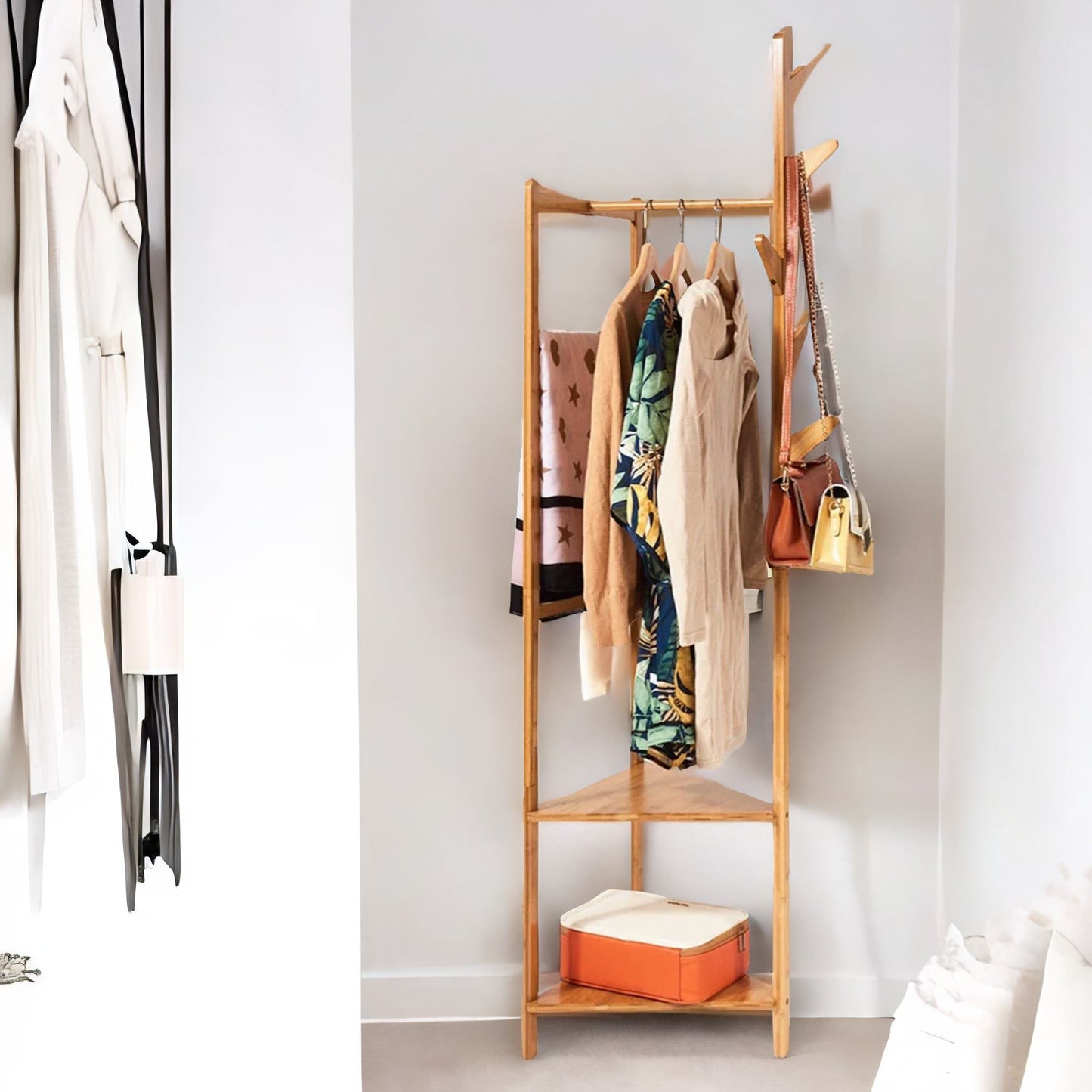 bamboo coat rack stand with 2 shelves