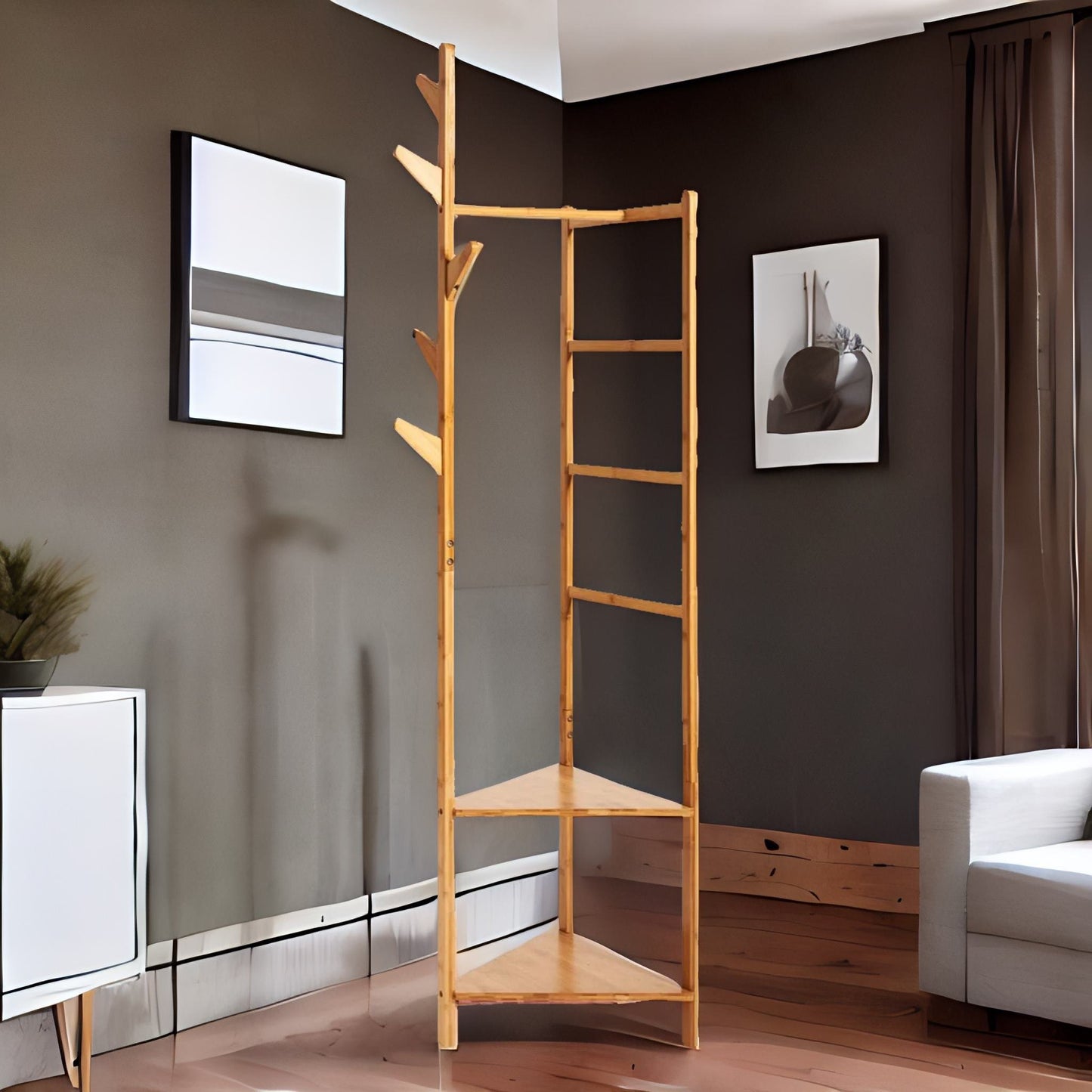 bamboo coat rack stand with 2 shelves