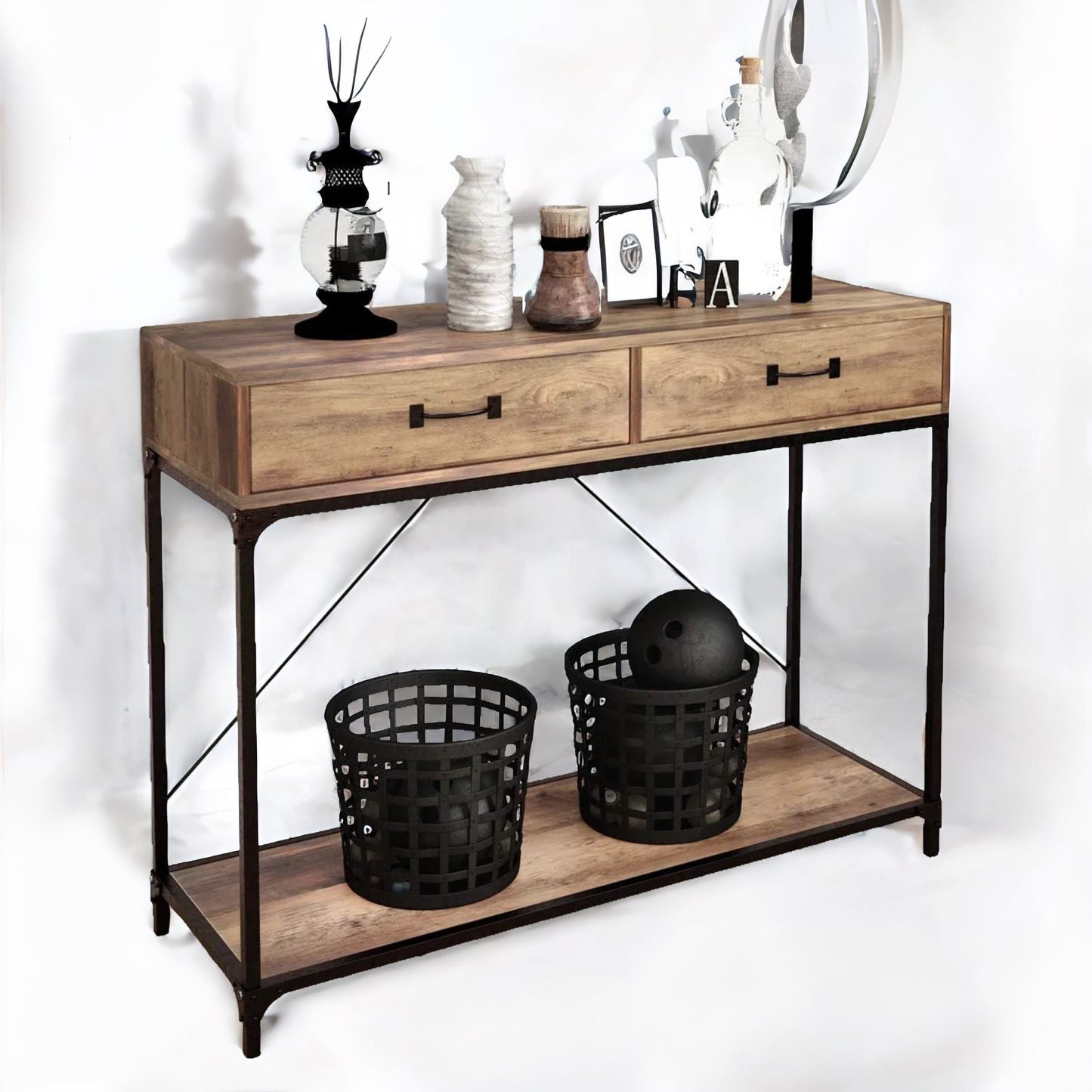 industrial console table with 2 drawers