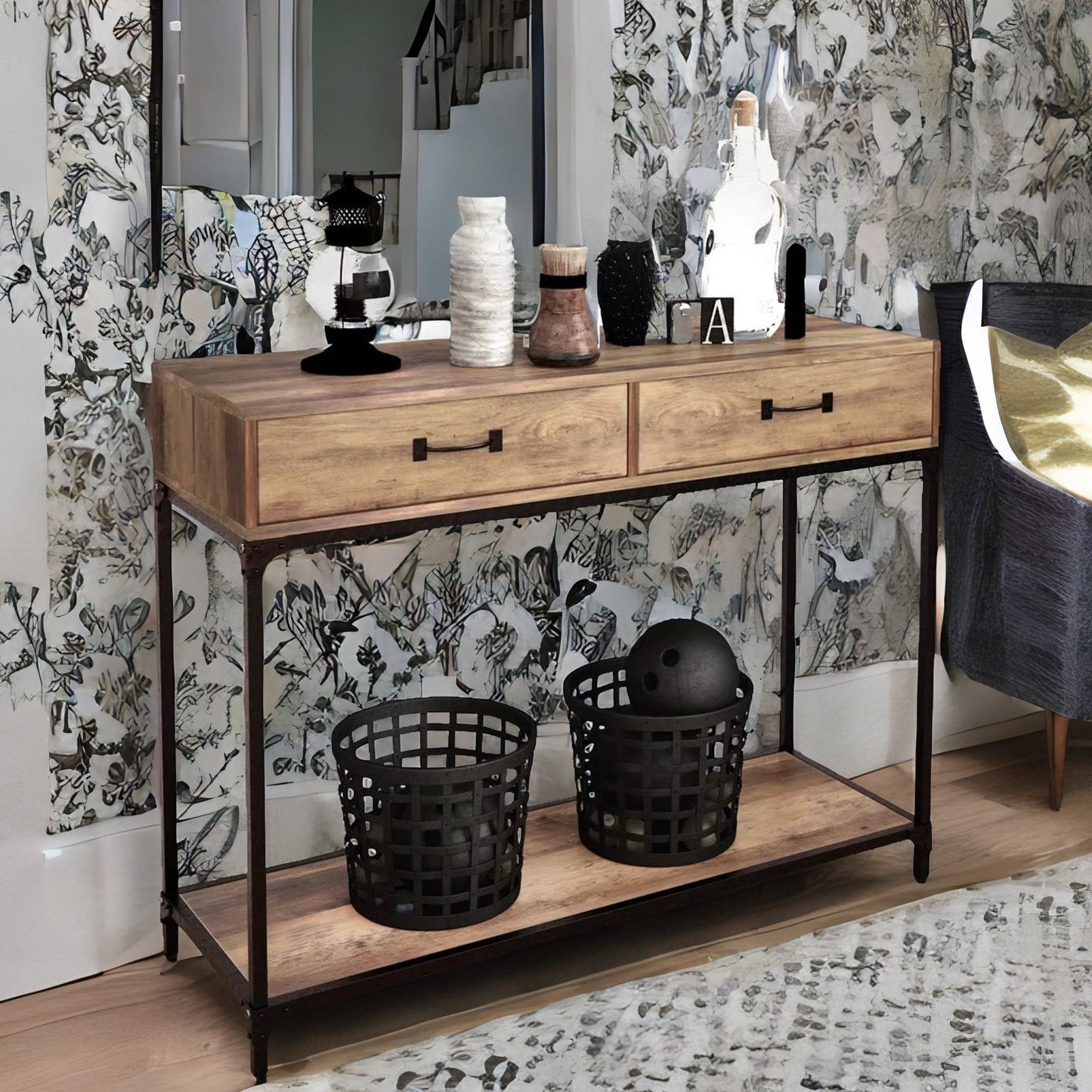 industrial console table with 2 drawers