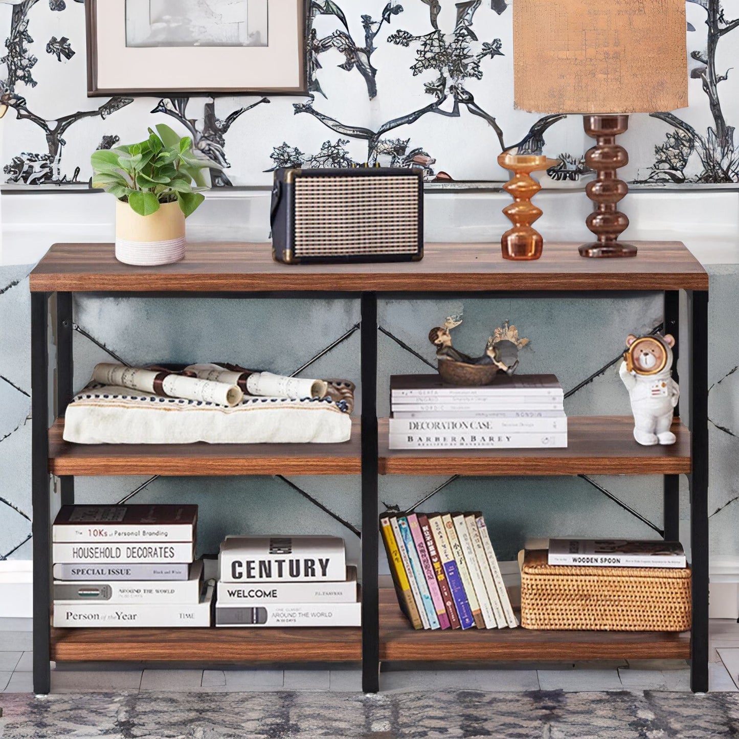 industrial 3 tier rustic console table with metal frame