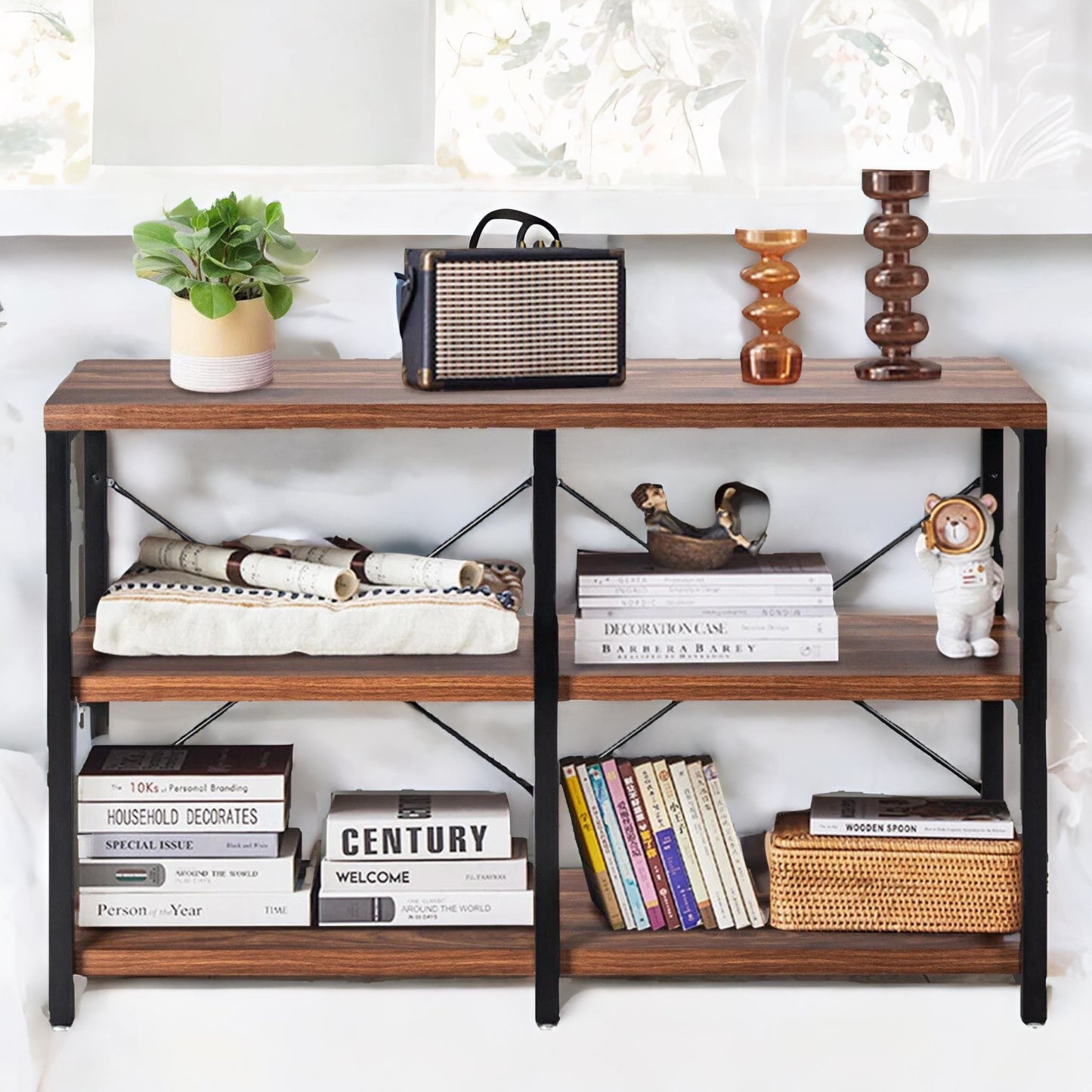 industrial 3 tier rustic console table with metal frame