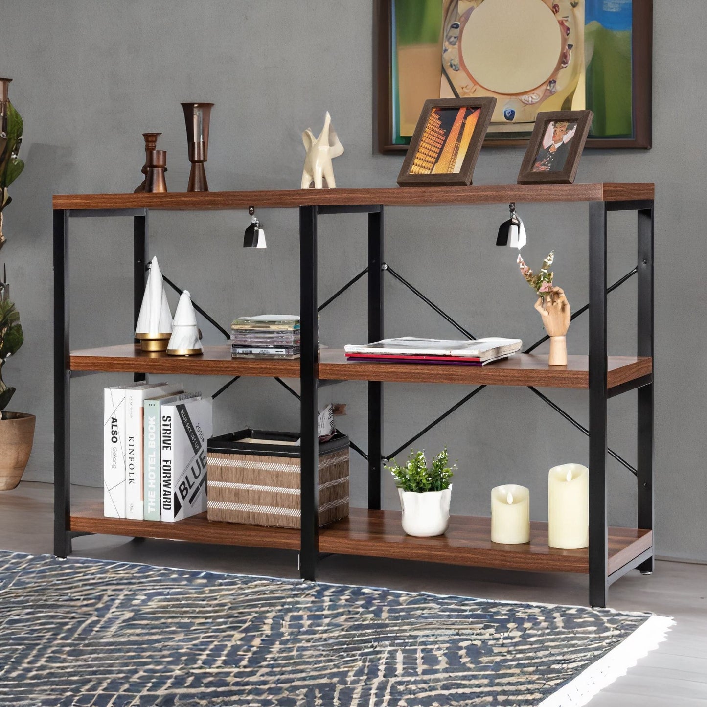 industrial 3 tier rustic console table with metal frame