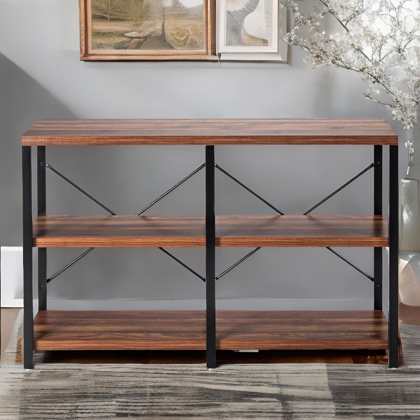 industrial 3 tier rustic console table with metal frame