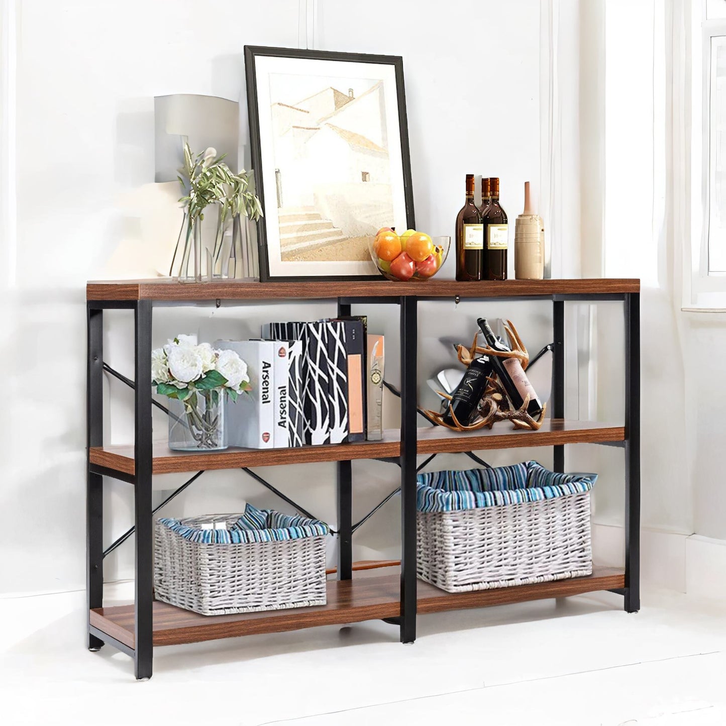 industrial 3 tier rustic console table with metal frame