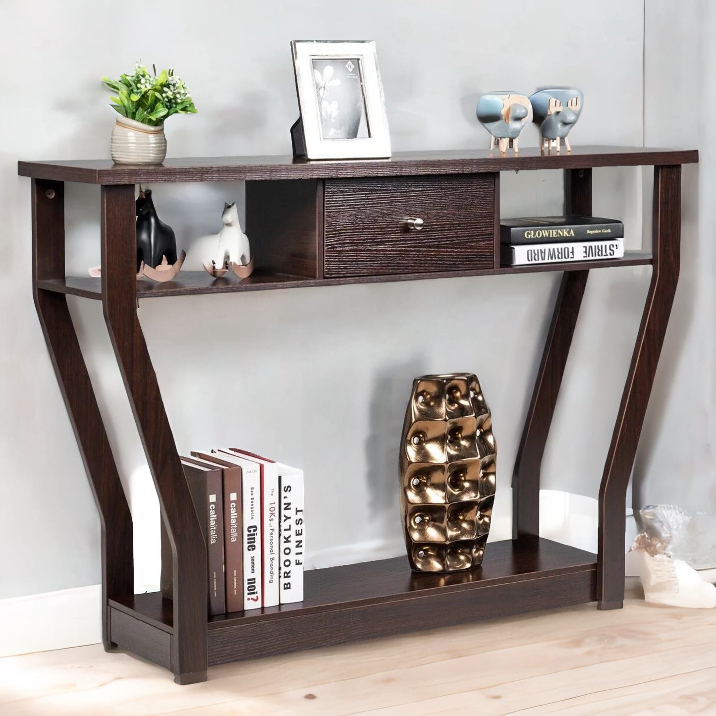 industrial narrow console table with drawer walnut bown