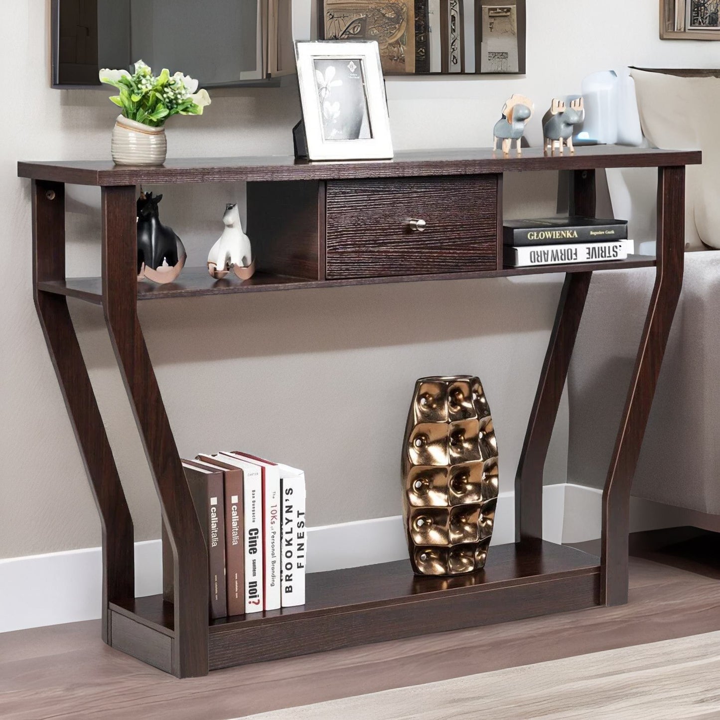 industrial narrow console table with drawer walnut bown