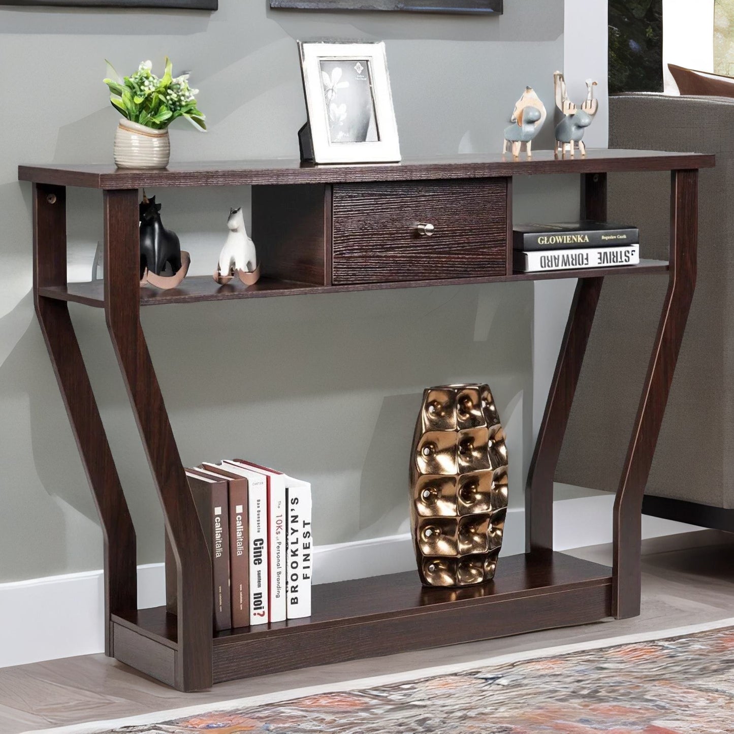 industrial narrow console table with drawer walnut bown