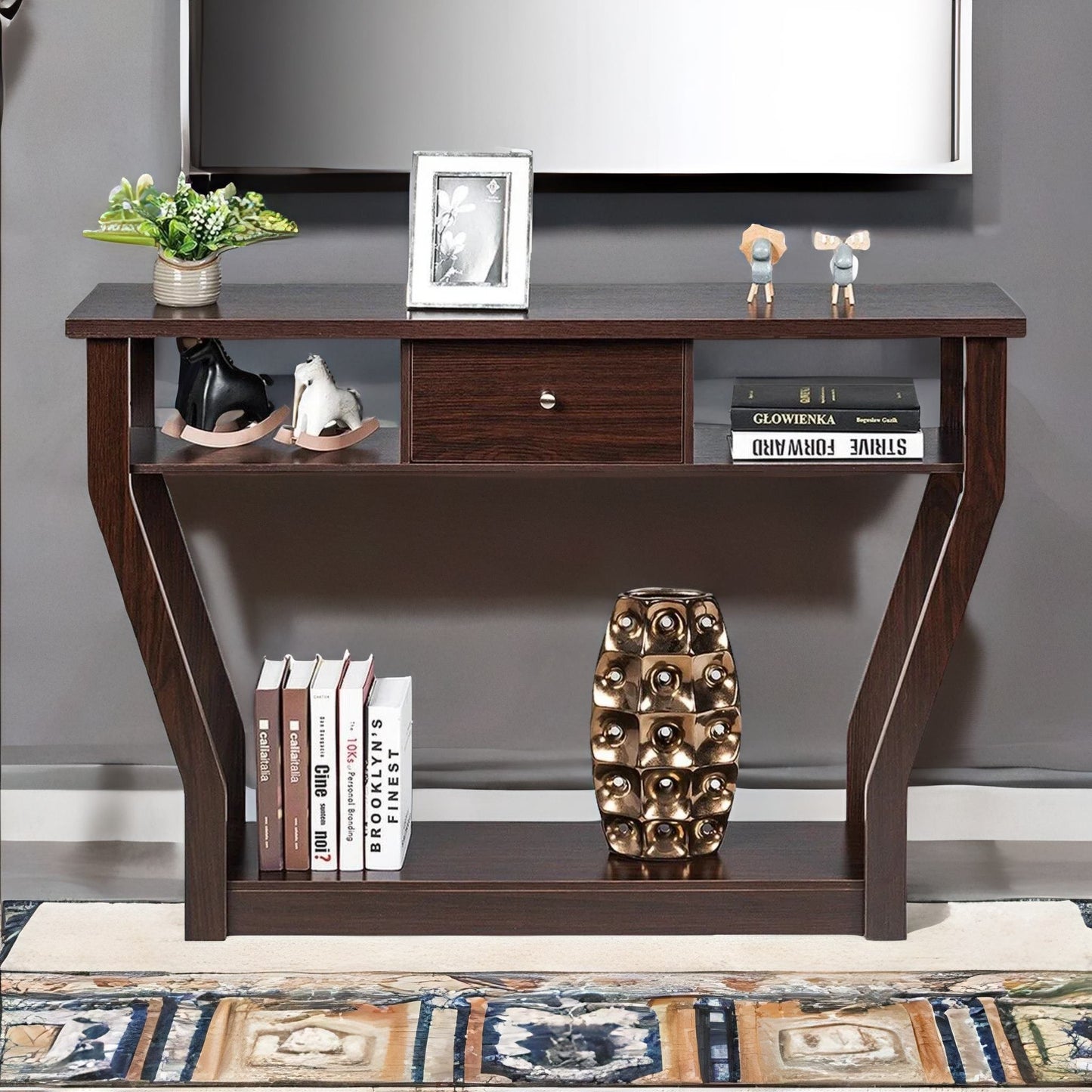 industrial narrow console table with drawer walnut bown