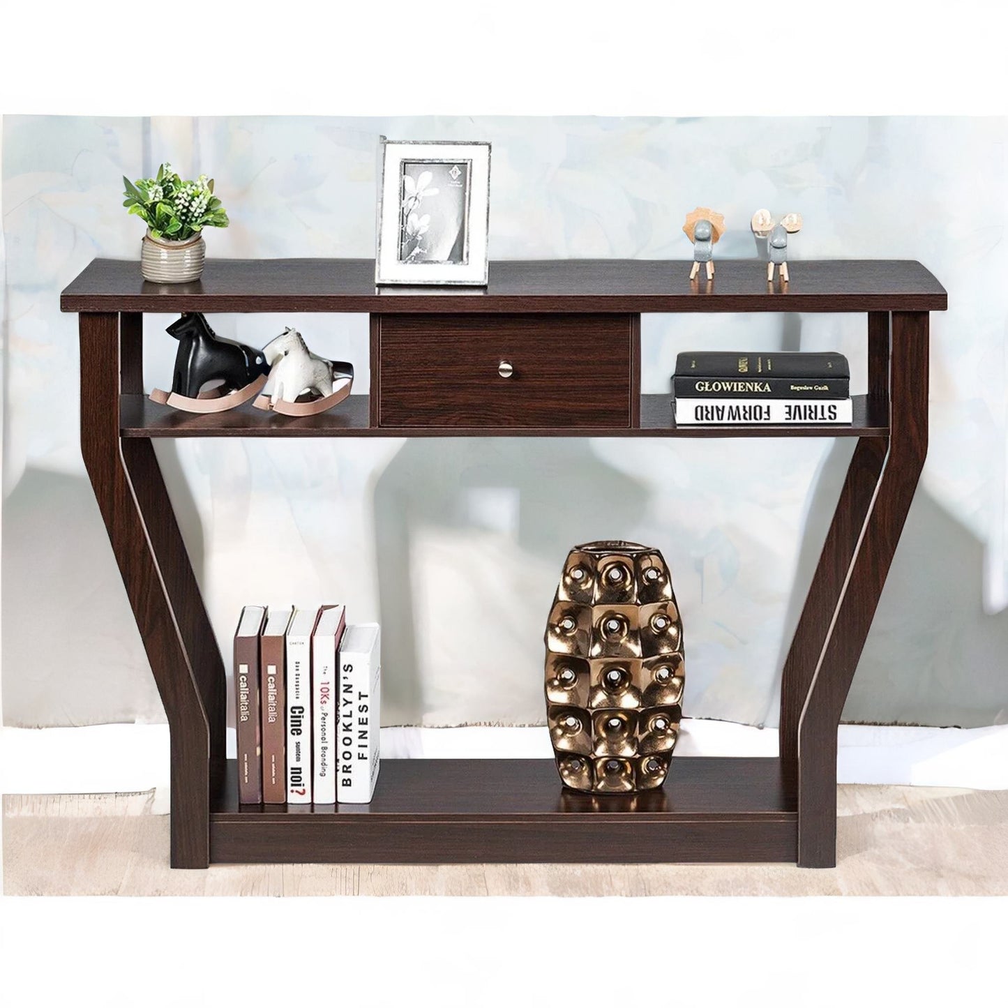 industrial narrow console table with drawer walnut bown