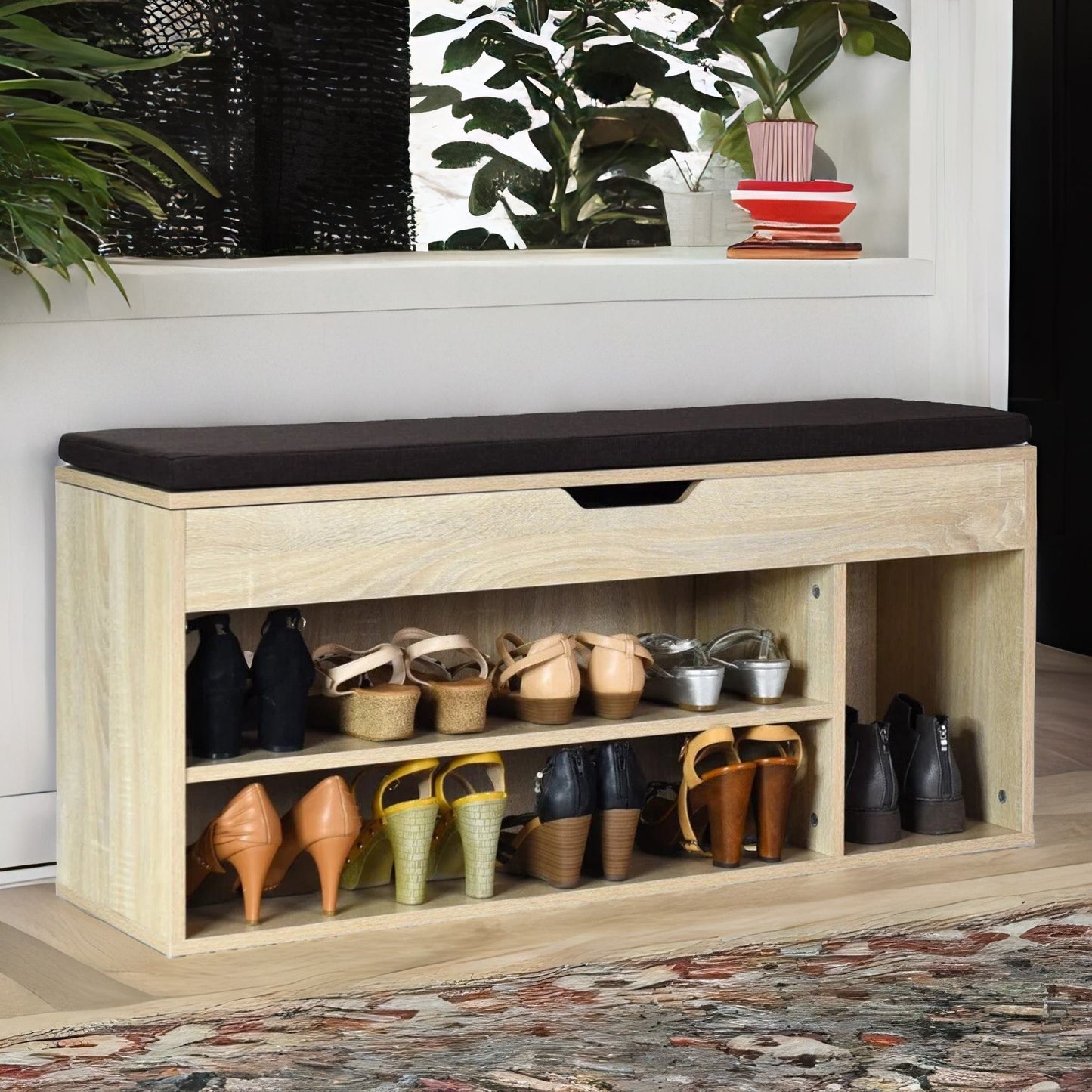 shoe storage bench with cushioned seat 103cm natural brown