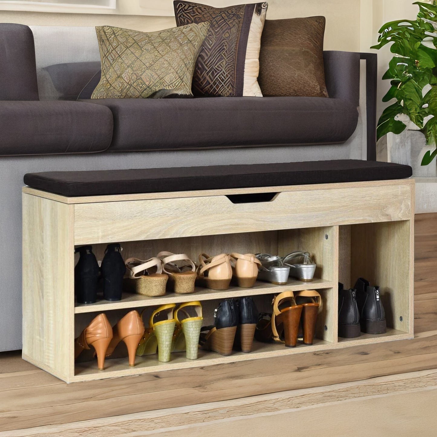 shoe storage bench with cushioned seat 103cm natural brown