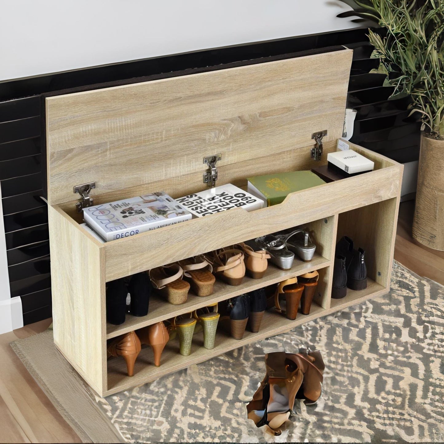 shoe storage bench with cushioned seat 103cm natural brown